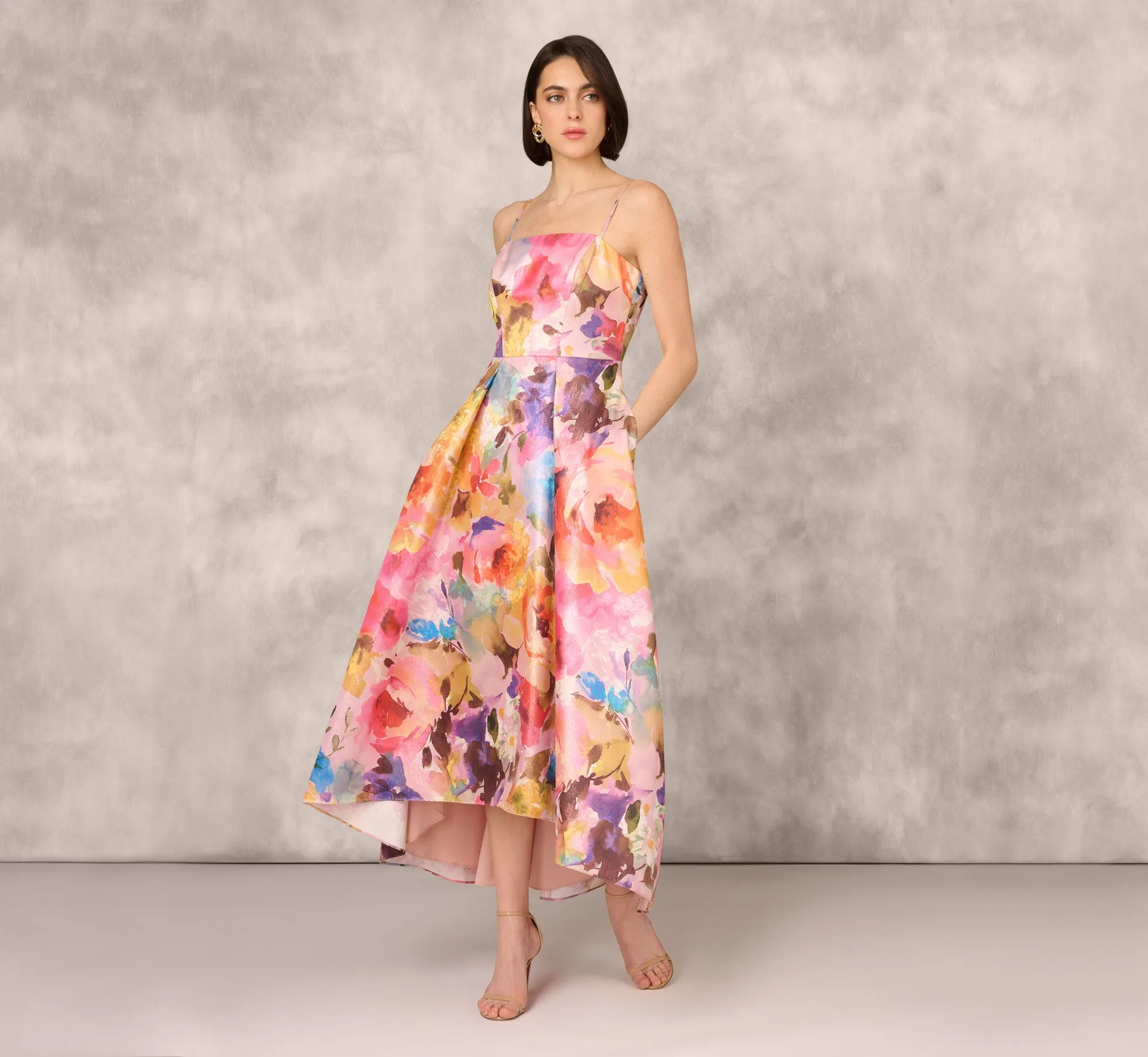 Multicolor Metallic Floral Print Jacquard High Low Gown With Pockets In Pink Multi sold by Adrianna Papell