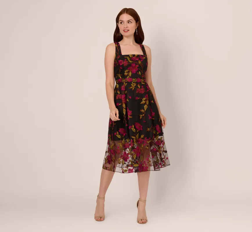 Floral Embroidered Midi Dress With Sheer Hem In Pink Black sold by Adrianna Papell