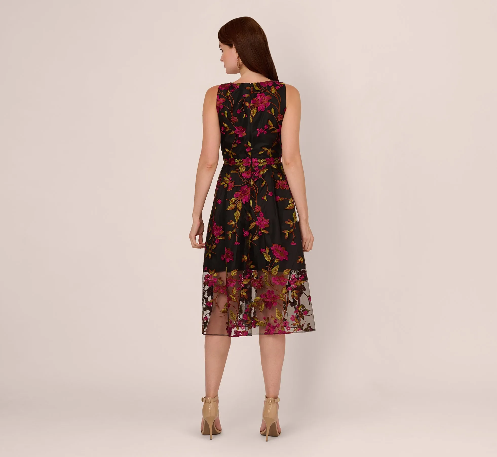 Floral Embroidered Midi Dress With Sheer Hem In Pink Black sold by Adrianna Papell product image thumbnail 4