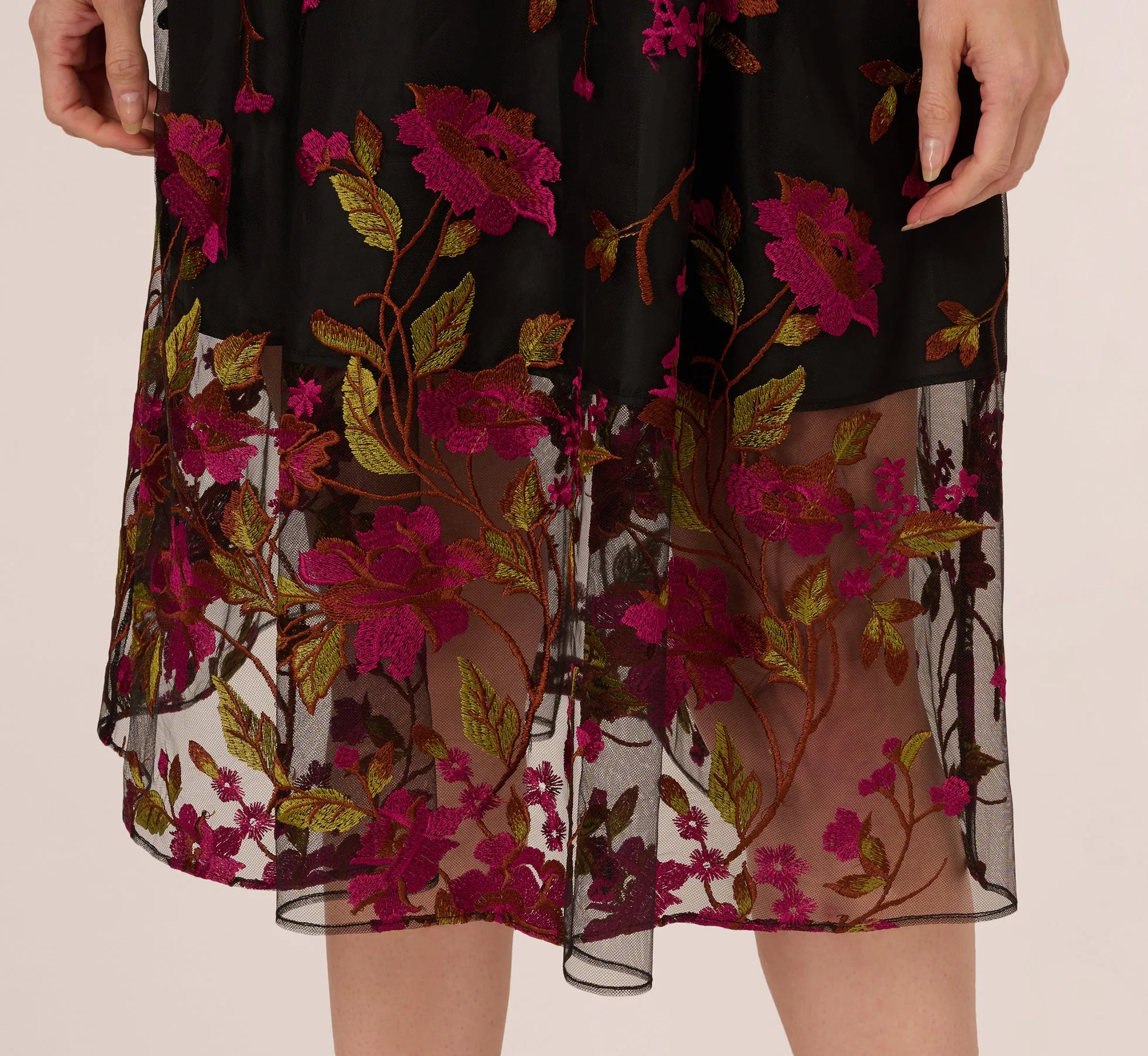 Floral Embroidered Midi Dress With Sheer Hem In Pink Black sold by Adrianna Papell product image thumbnail 5