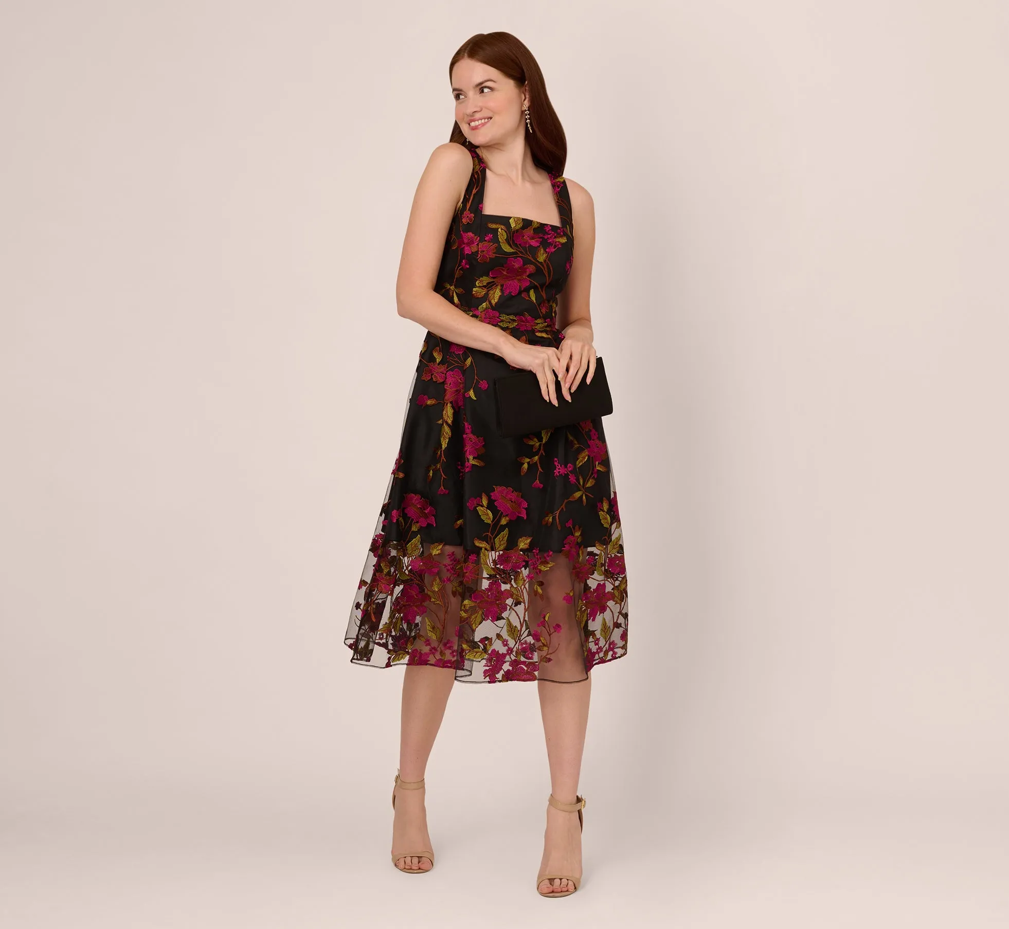 Floral Embroidered Midi Dress With Sheer Hem In Pink Black sold by Adrianna Papell product image thumbnail 2
