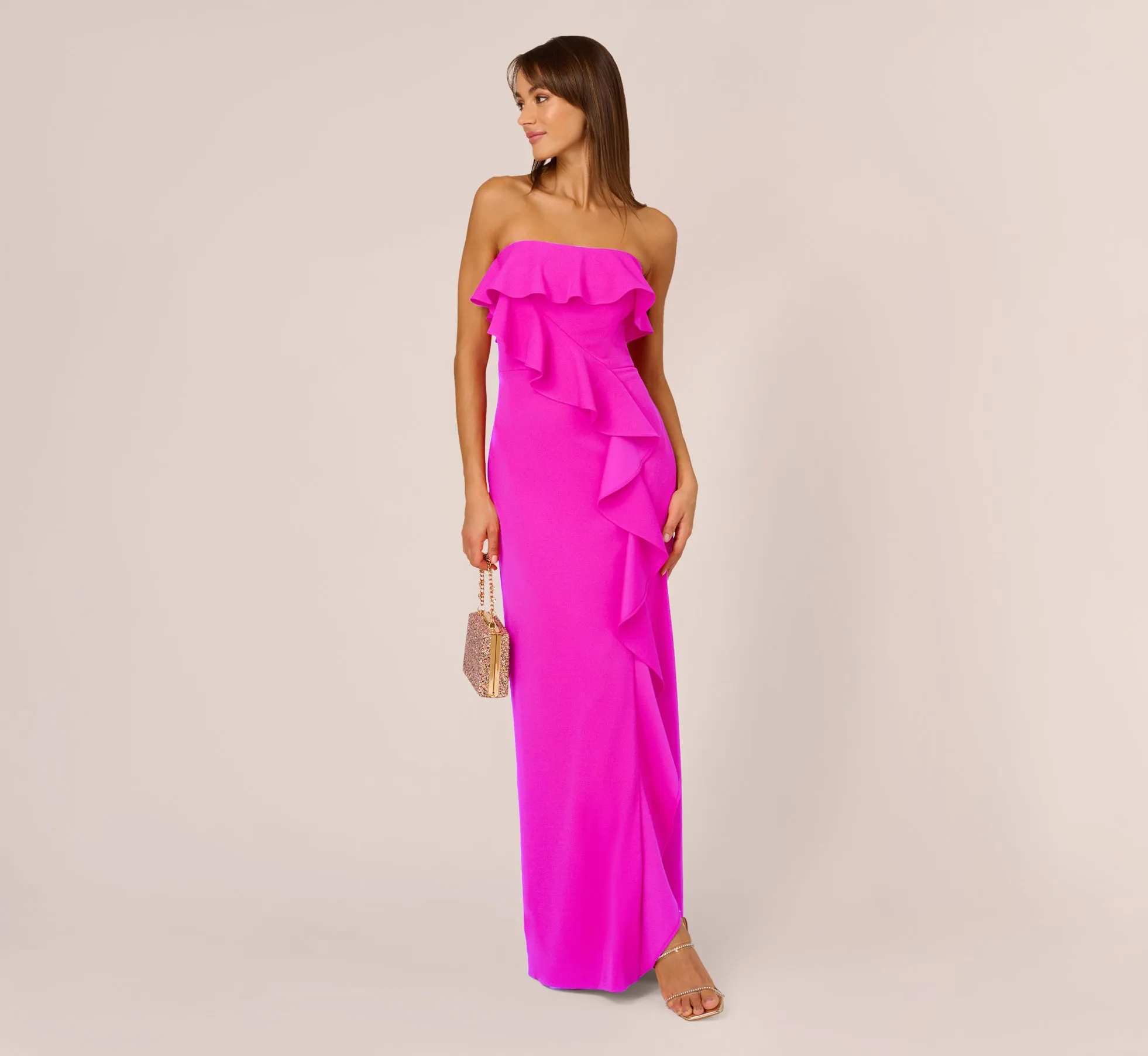Stretch Crepe Strapless Column Gown With Ruffle Details In Pink Flame sold by Adrianna Papell product image thumbnail 2