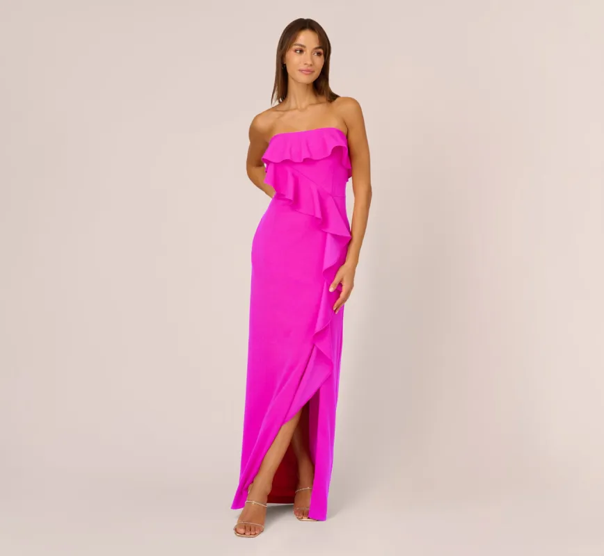 Stretch Crepe Strapless Column Gown With Ruffle Details In Pink Flame made by Adrianna Papell