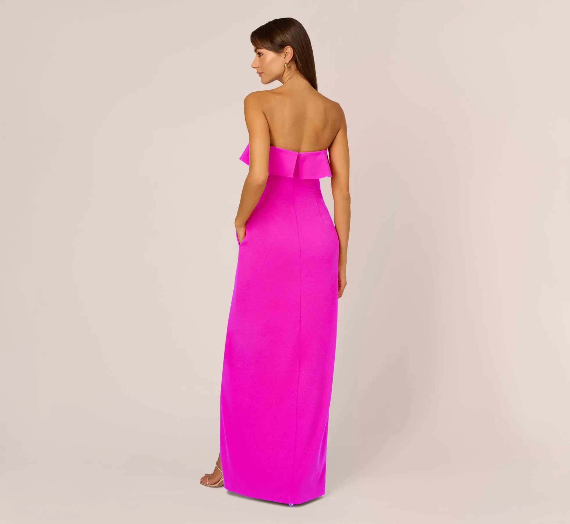 Stretch Crepe Strapless Column Gown With Ruffle Details In Pink Flame sold by Adrianna Papell product image thumbnail 4