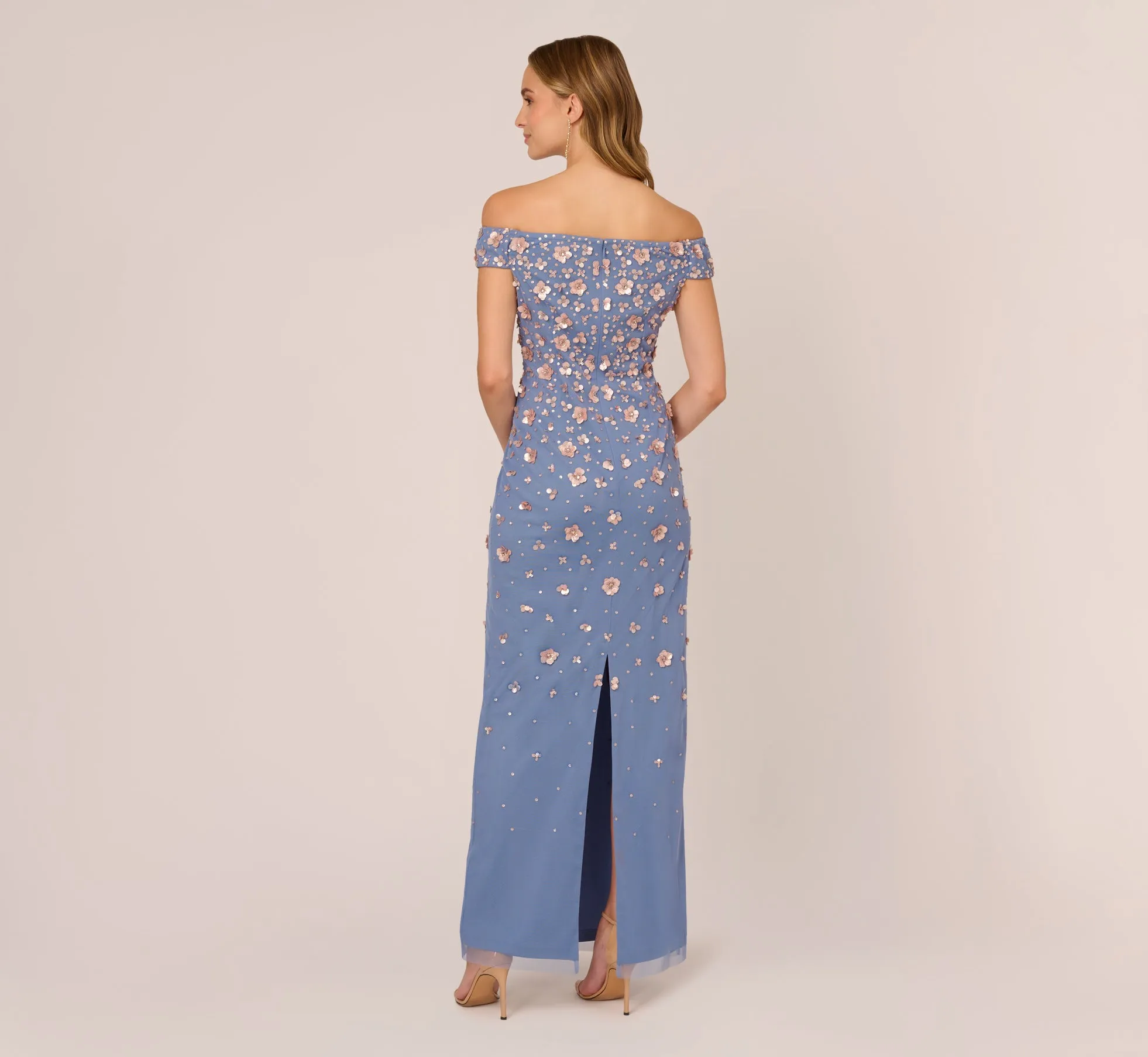 Off Shoulder Dress With Floral Embellishment In French Blue Coral sold by Adrianna Papell product image thumbnail 4