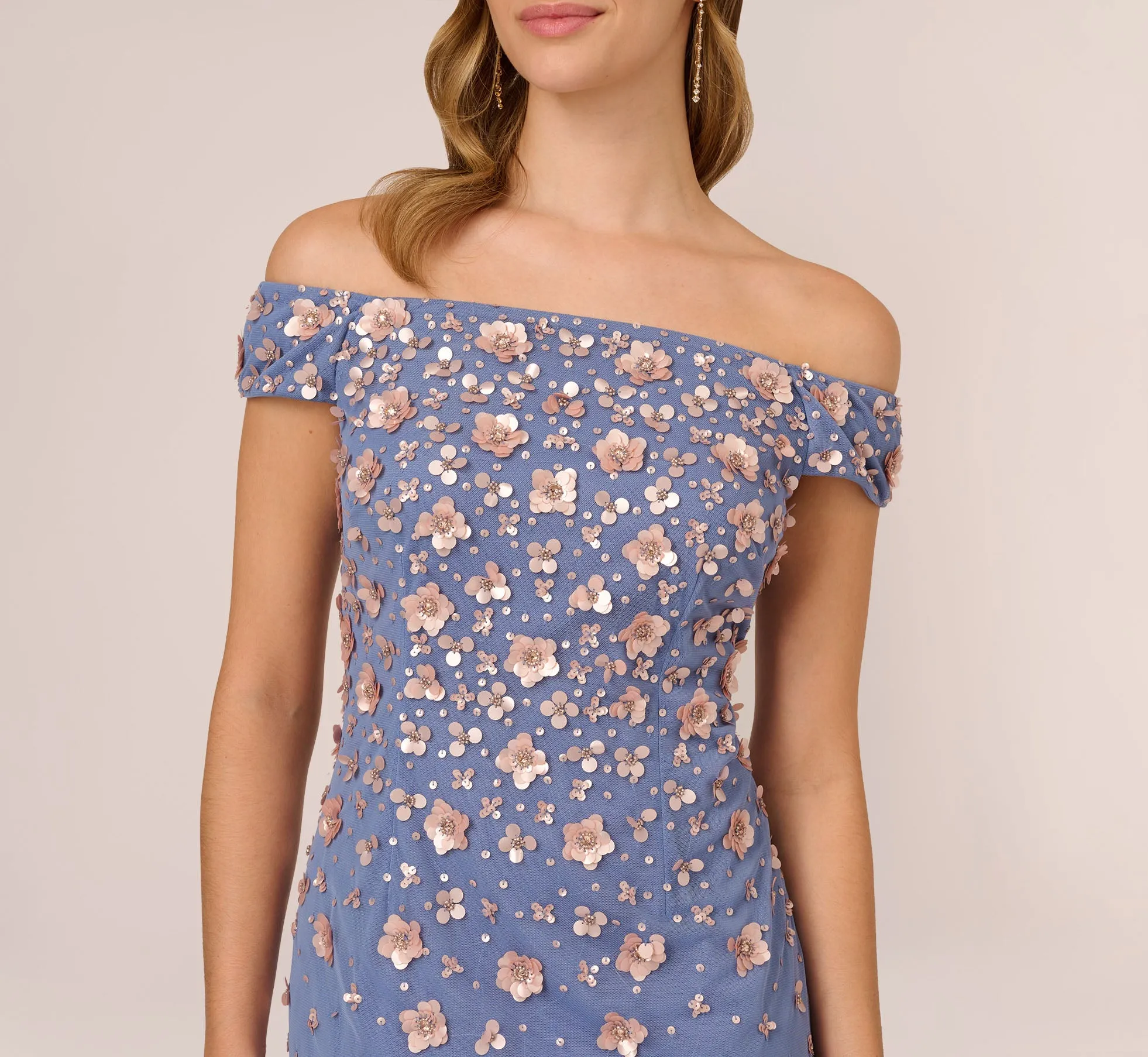 Off Shoulder Dress With Floral Embellishment In French Blue Coral sold by Adrianna Papell product image thumbnail 3