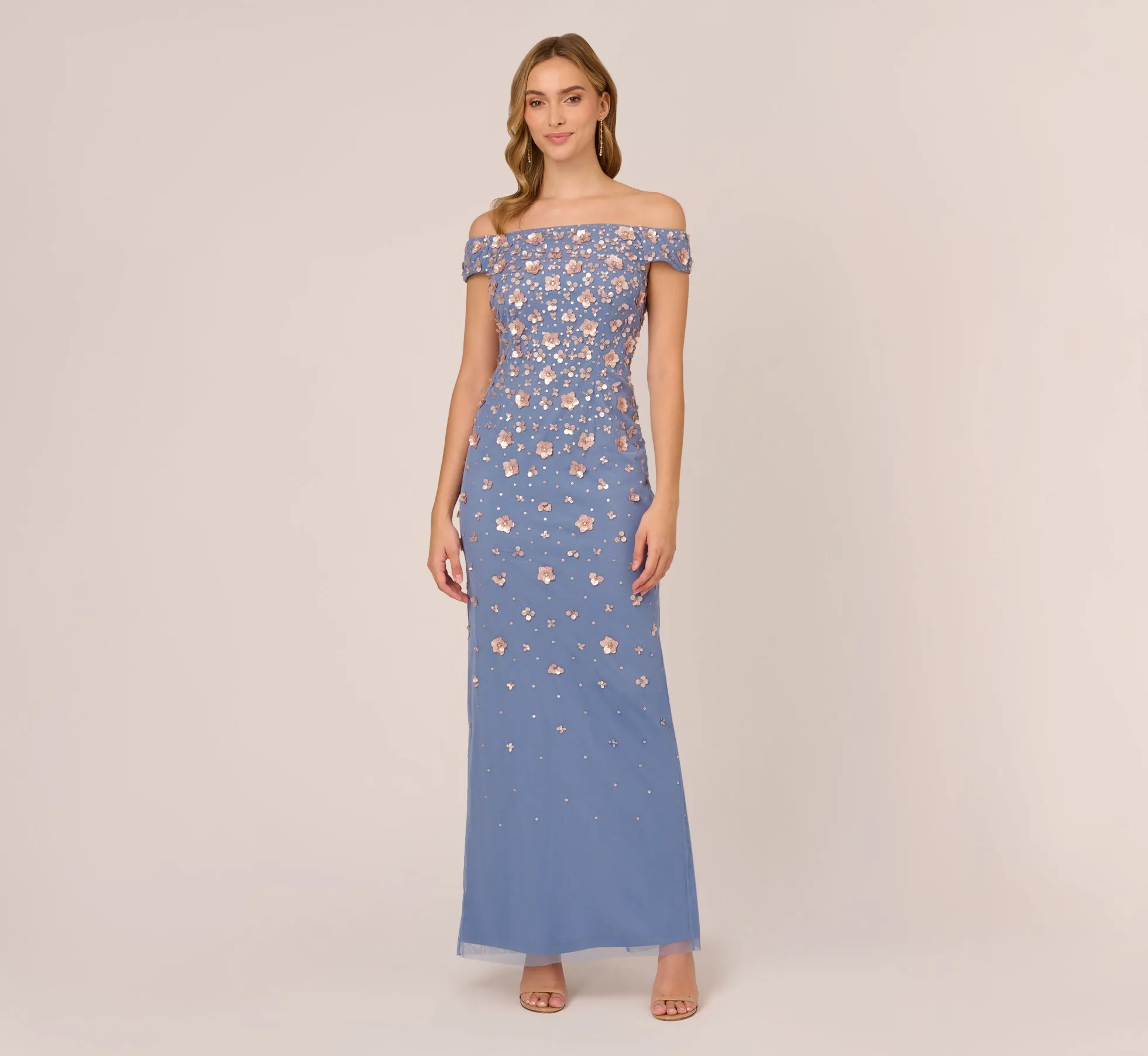 Off Shoulder Dress With Floral Embellishment In French Blue Coral sold by Adrianna Papell