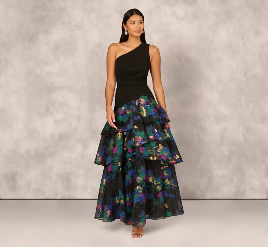 One Shoulder Crepe Ball Gown With Floral Jacquard Skirt In Black Multi sold by Adrianna Papell