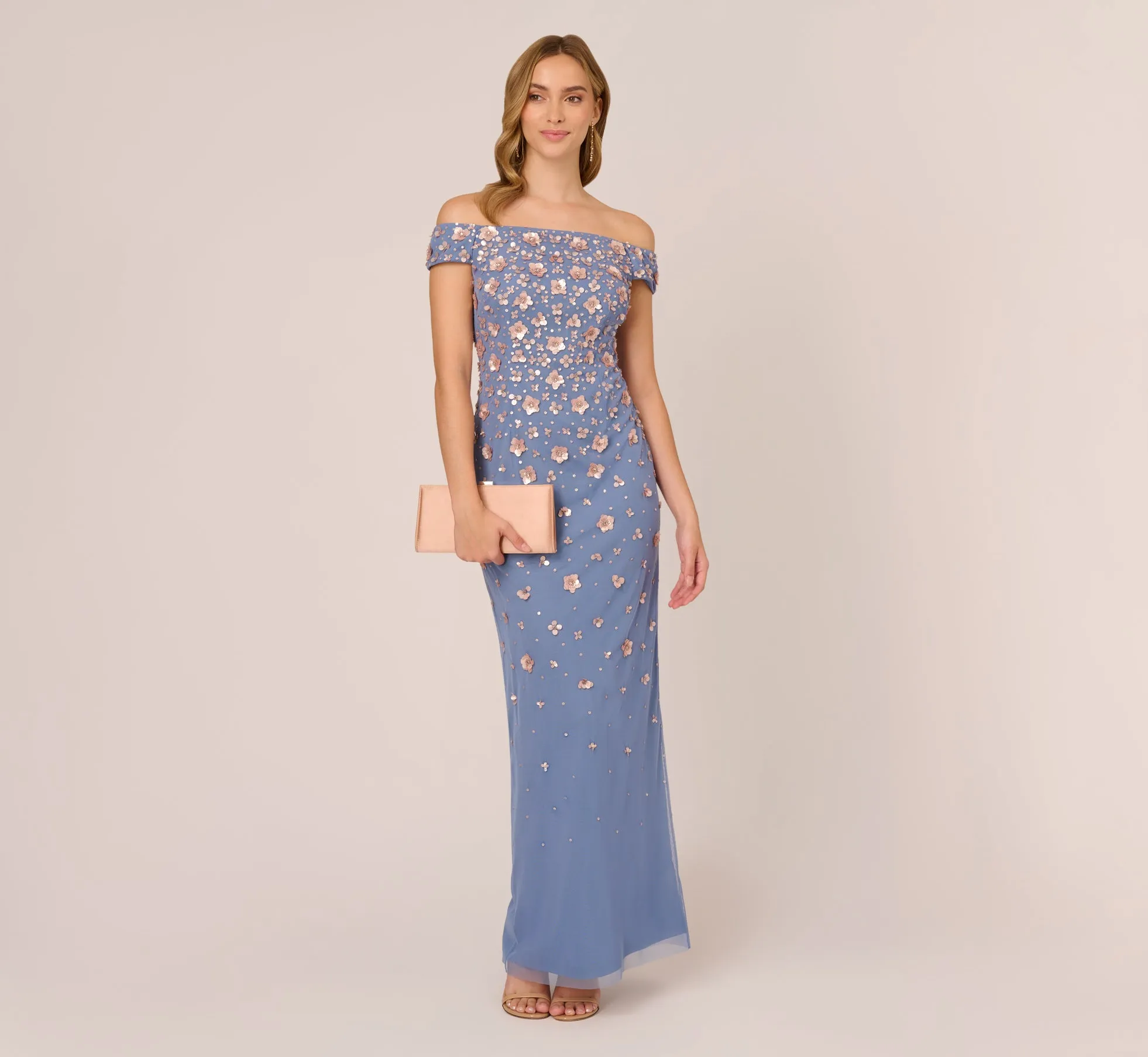 Off Shoulder Dress With Floral Embellishment In French Blue Coral sold by Adrianna Papell product image thumbnail 2