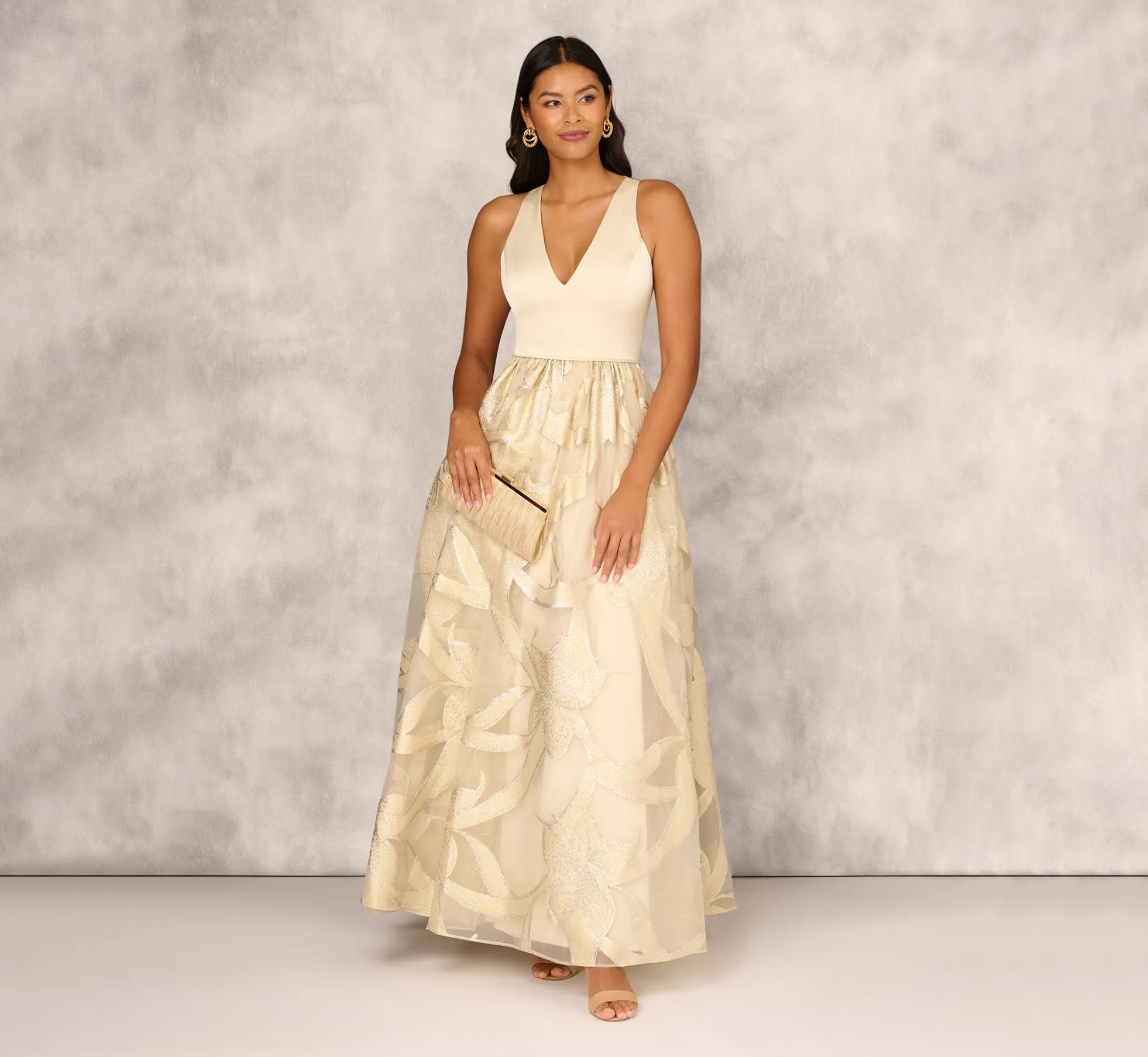 Metallic Jacquard Sleeveless Ball Gown With Crinoline Details In Light Gold sold by Adrianna Papell product image thumbnail 2