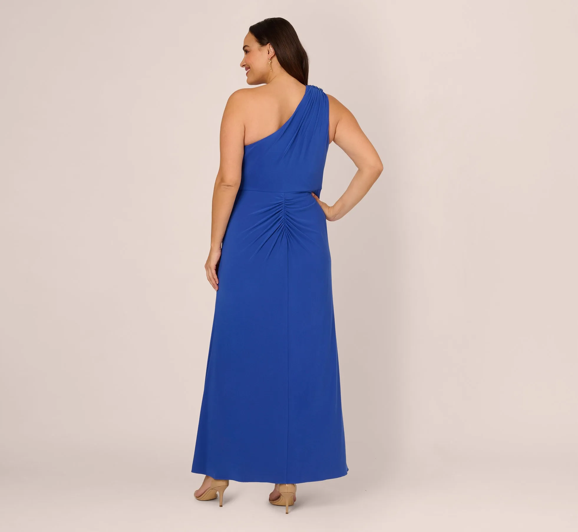 Plus Size One Shoulder Draped Jersey Gown With Floral Sequin Accents In Brilliant Sapphire sold by Adrianna Papell product image thumbnail 5
