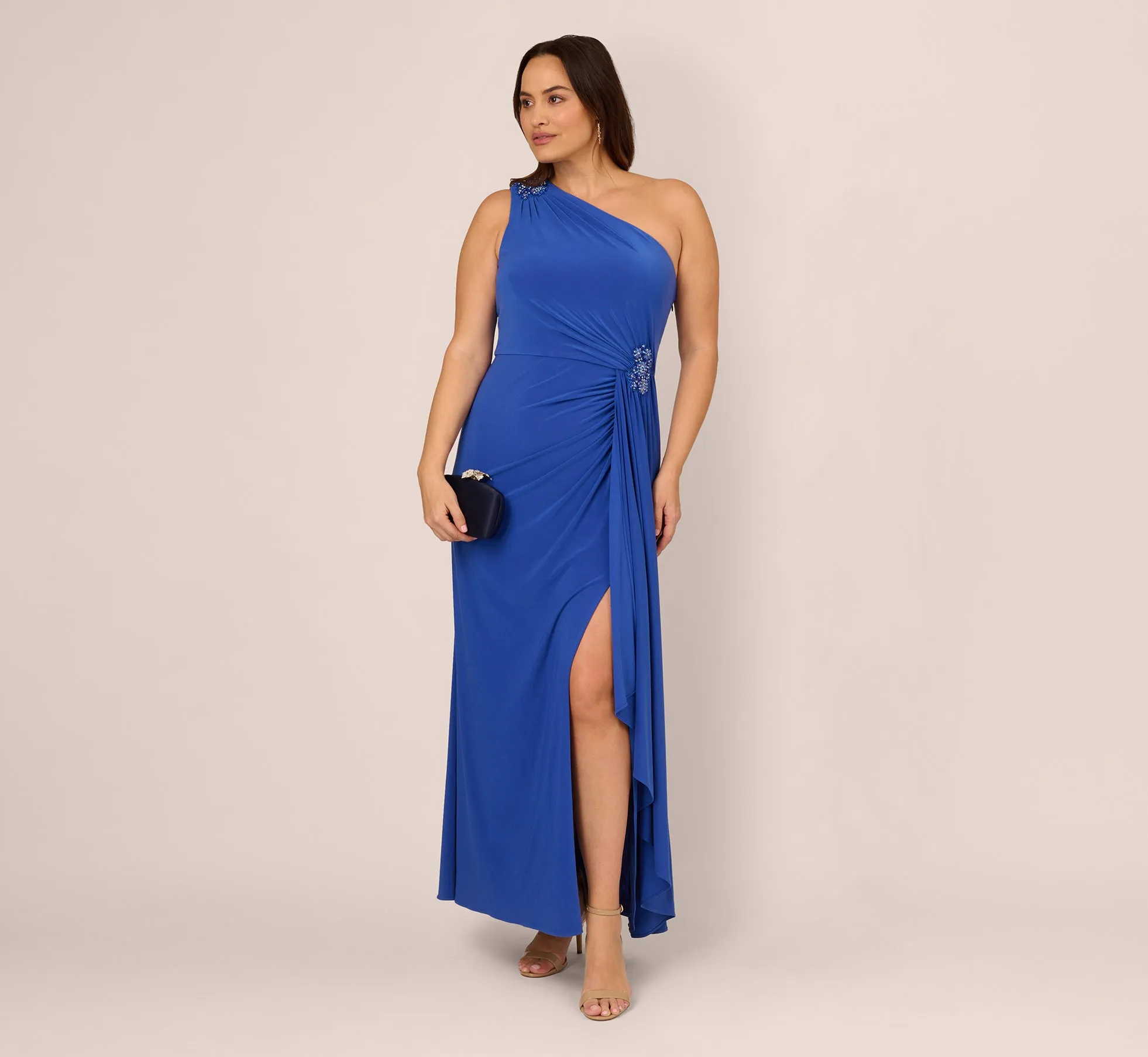 Plus Size One Shoulder Draped Jersey Gown With Floral Sequin Accents In Brilliant Sapphire sold by Adrianna Papell product image thumbnail 3