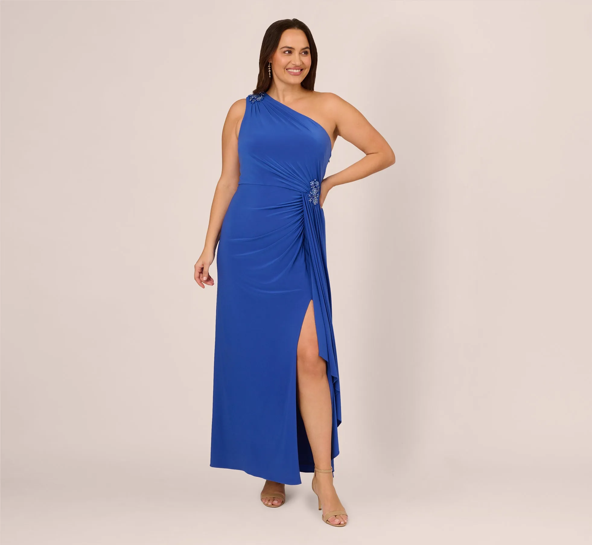 Plus Size One Shoulder Draped Jersey Gown With Floral Sequin Accents In Brilliant Sapphire sold by Adrianna Papell product image thumbnail 2