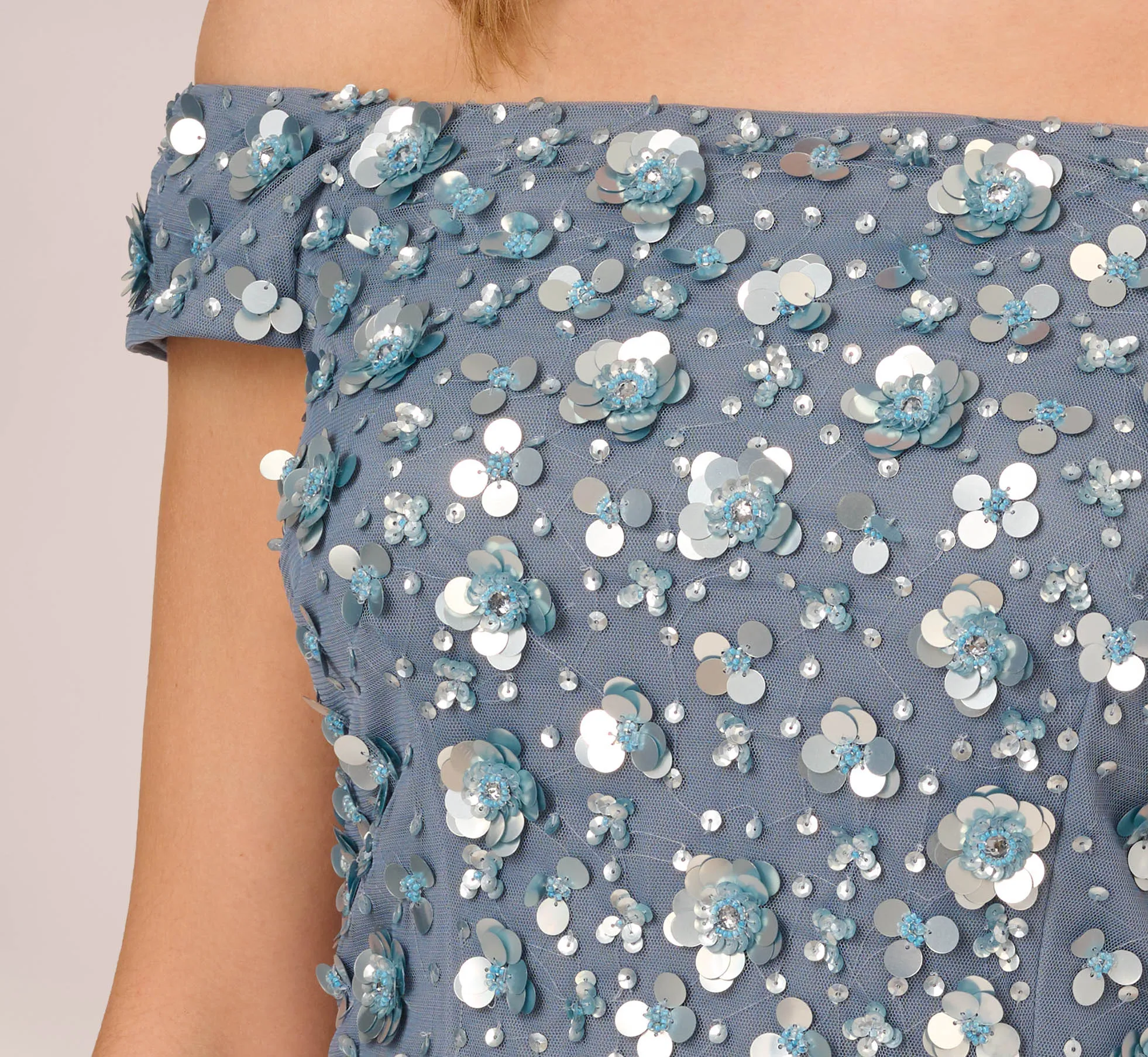 Off Shoulder Dress With Floral Embellishment In Vintage Blue sold by Adrianna Papell product image thumbnail 5