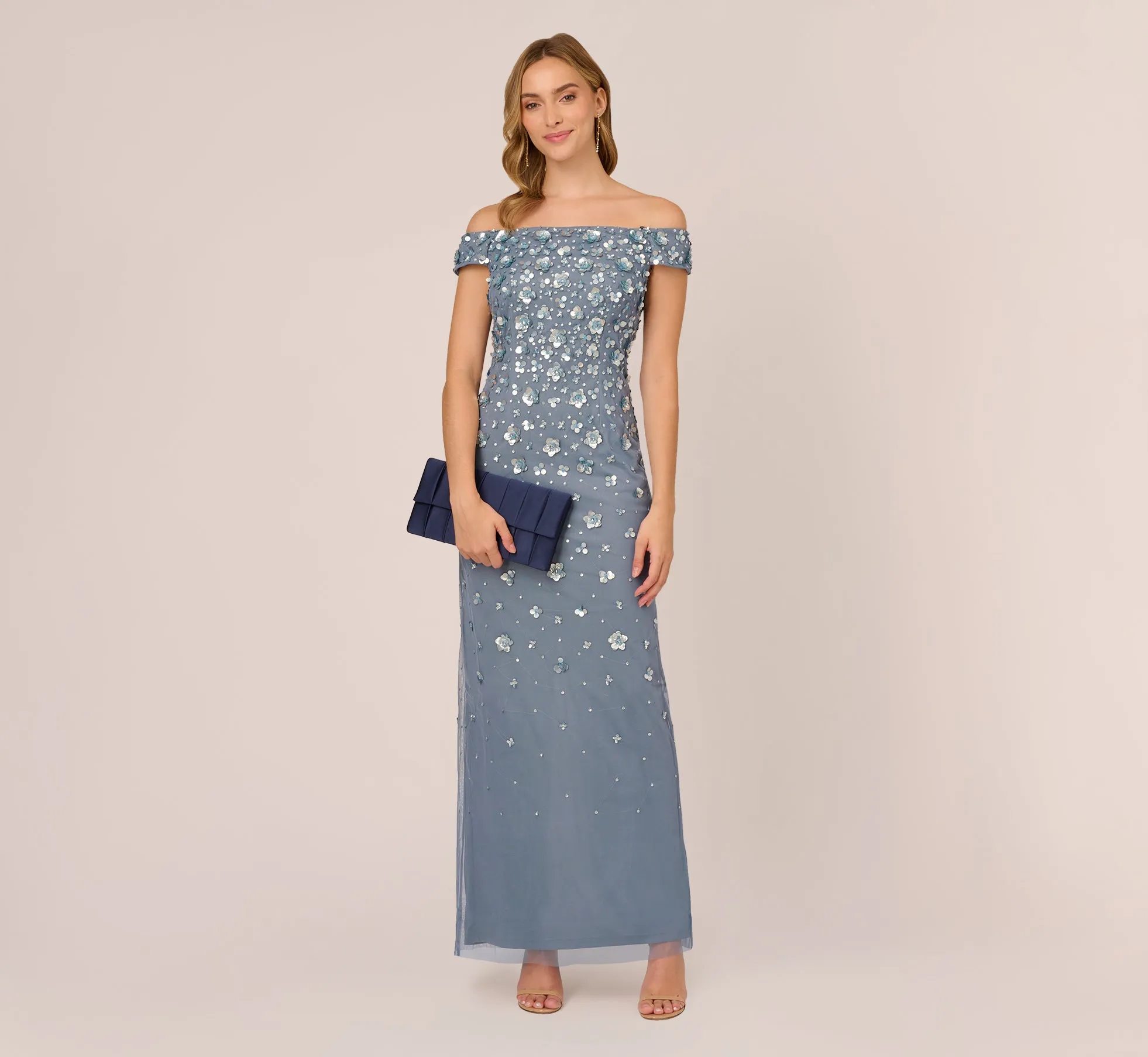 Off Shoulder Dress With Floral Embellishment In Vintage Blue sold by Adrianna Papell product image thumbnail 3