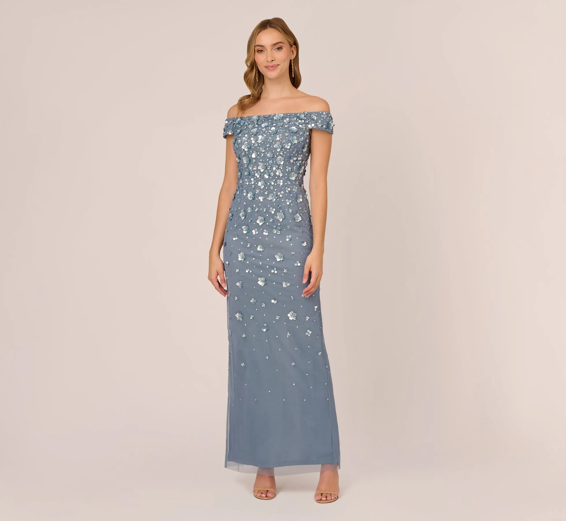 Off Shoulder Dress With Floral Embellishment In Vintage Blue sold by Adrianna Papell product image thumbnail 2