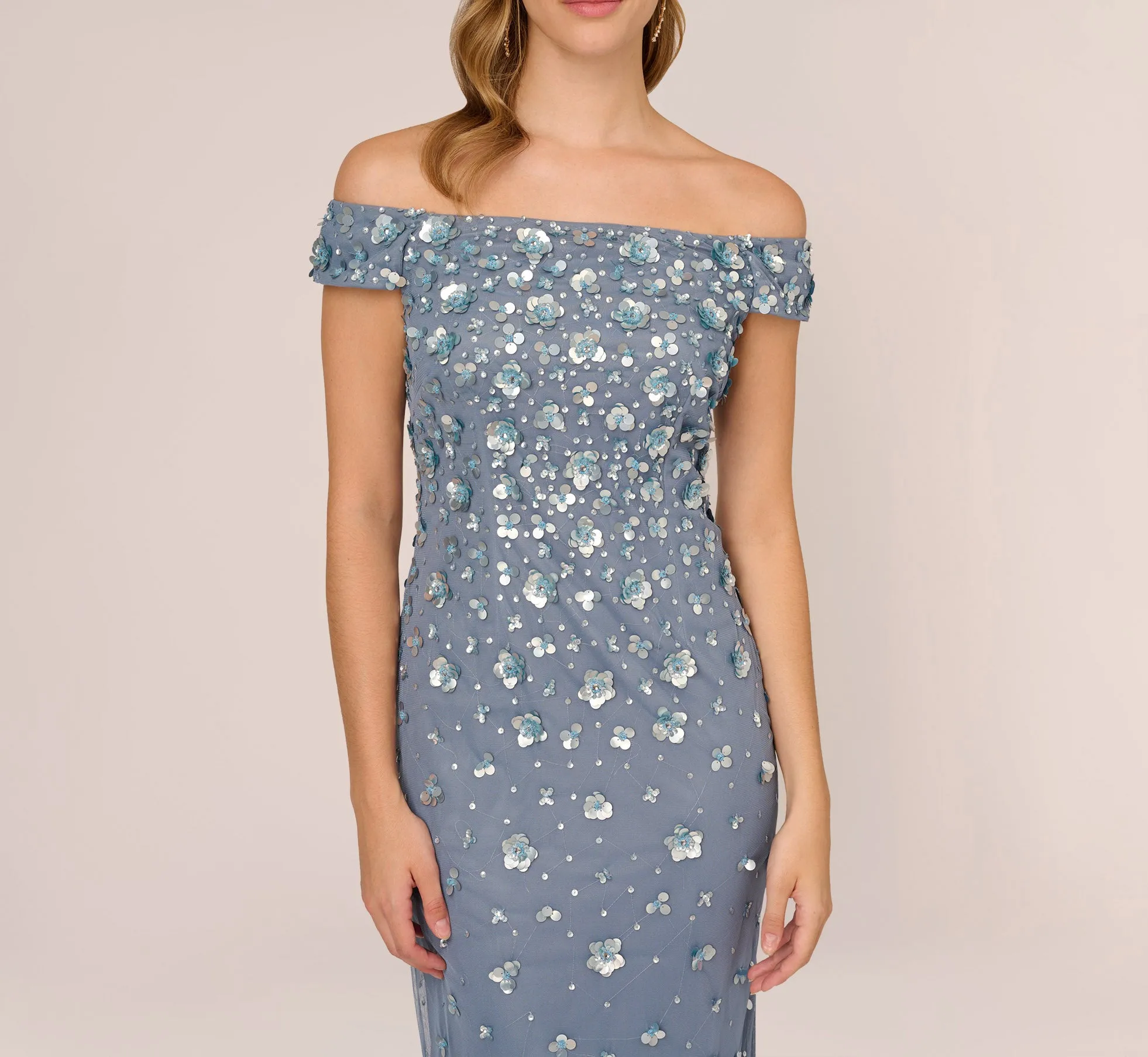 Off Shoulder Dress With Floral Embellishment In Vintage Blue sold by Adrianna Papell product image thumbnail 4