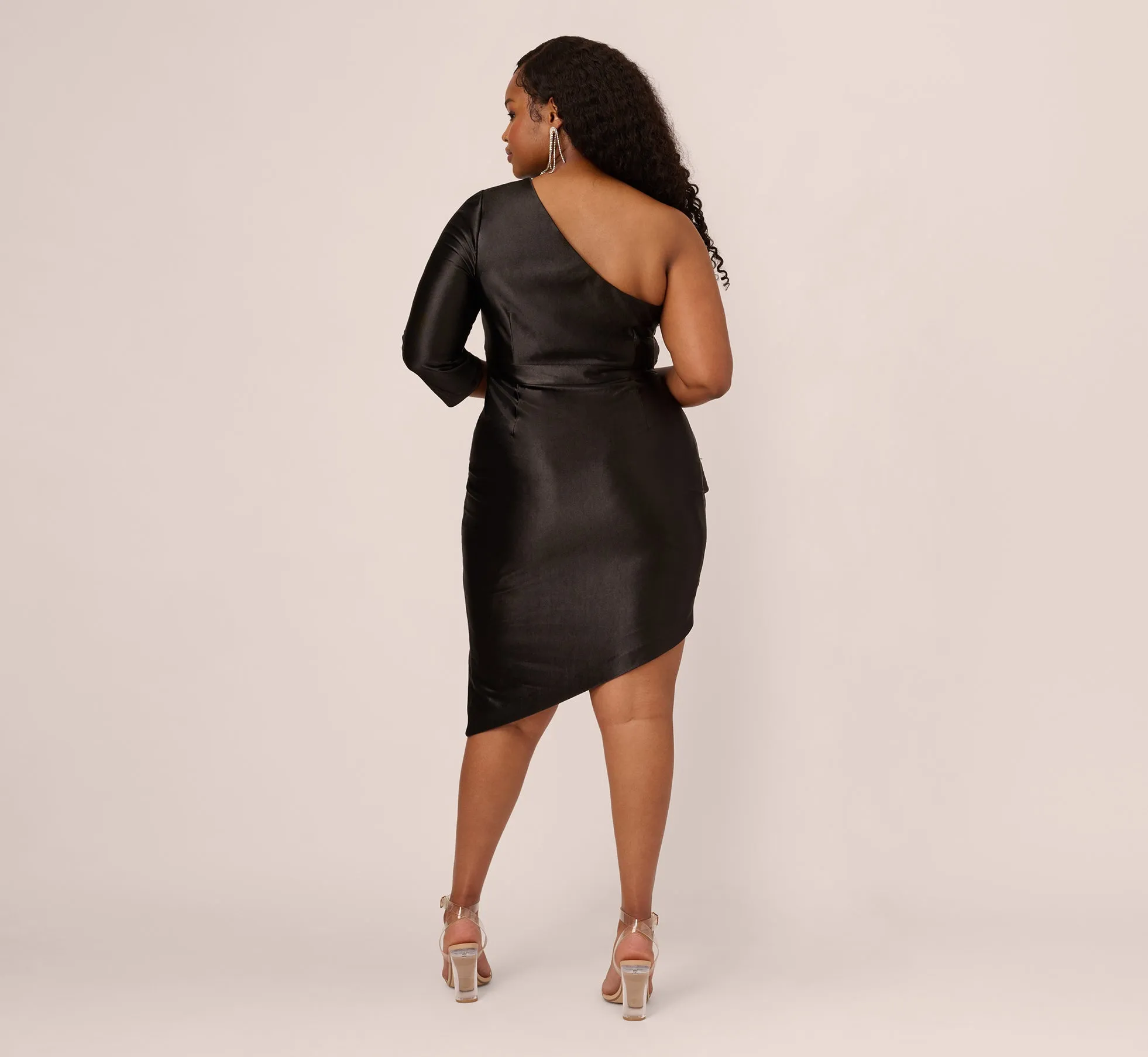 Plus Size One Shoulder Satin Midi Dress With Three-Quarter Sleeve In Black sold by Adrianna Papell product image thumbnail 4