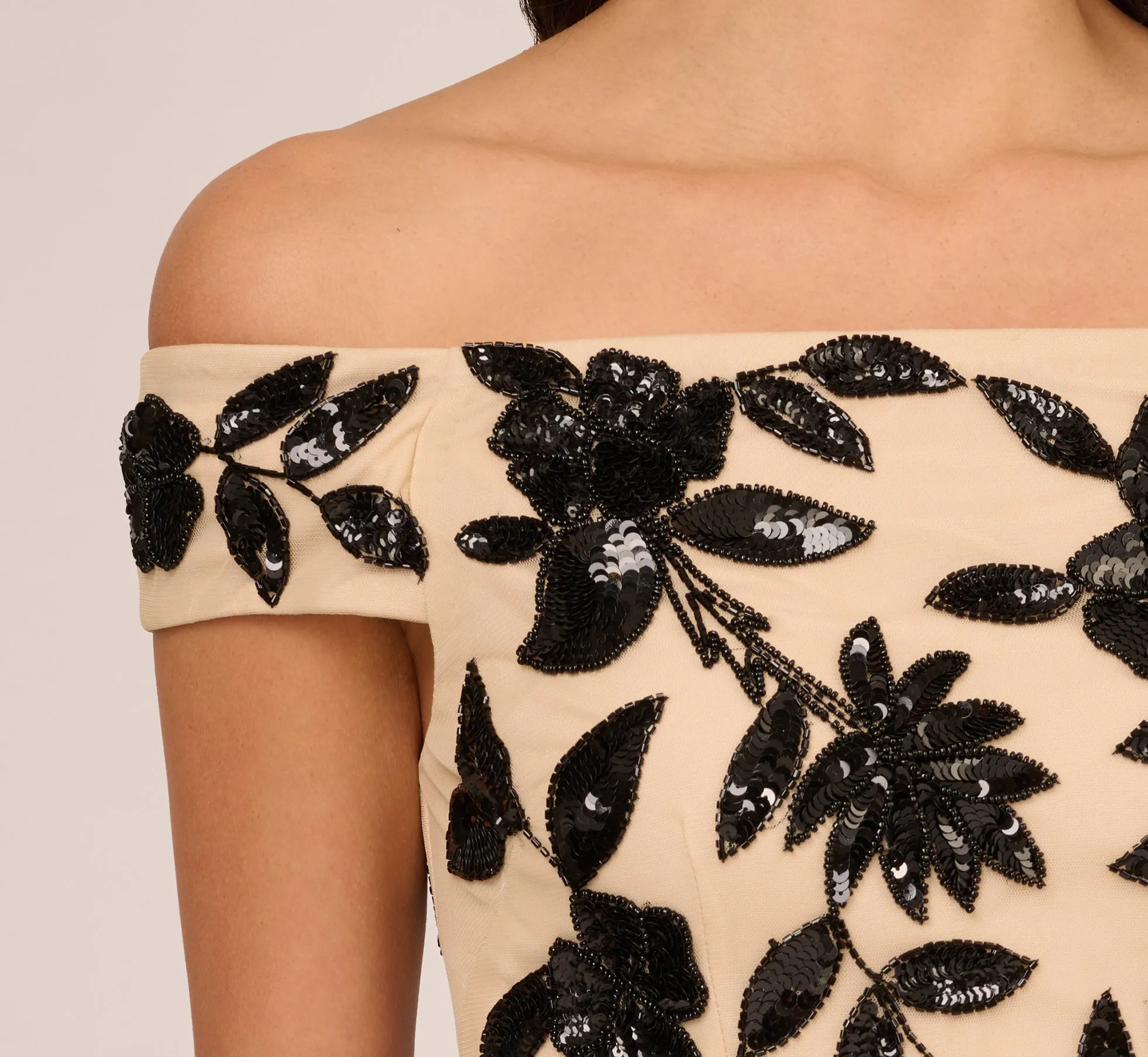 Off The Shoulder Column Gown With Leaf Beading In Black Nude sold by Adrianna Papell product image thumbnail 5
