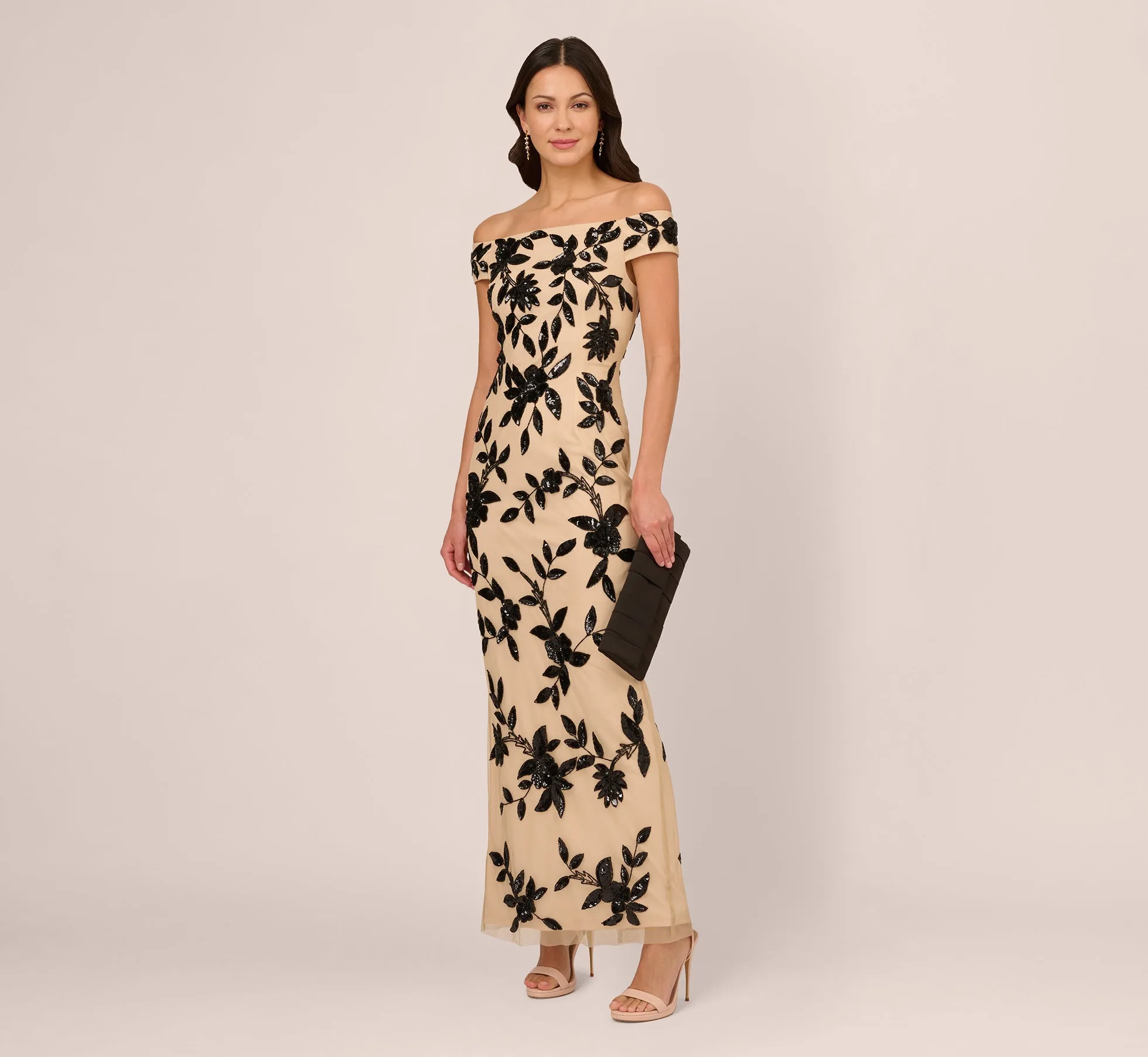 Off The Shoulder Column Gown With Leaf Beading In Black Nude sold by Adrianna Papell product image thumbnail 2