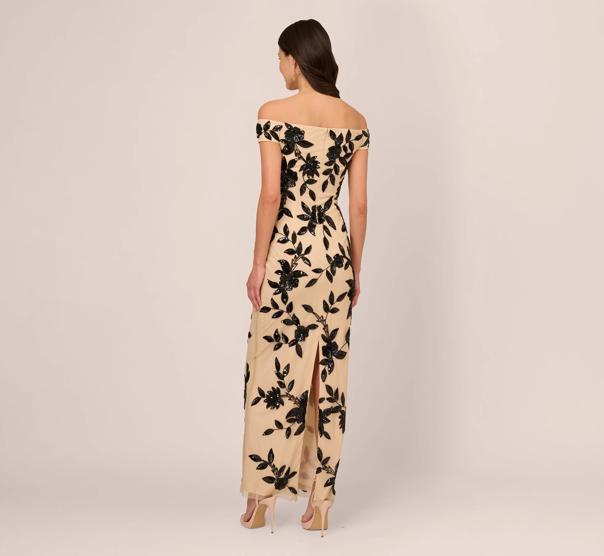 Off The Shoulder Column Gown With Leaf Beading In Black Nude sold by Adrianna Papell product image thumbnail 4
