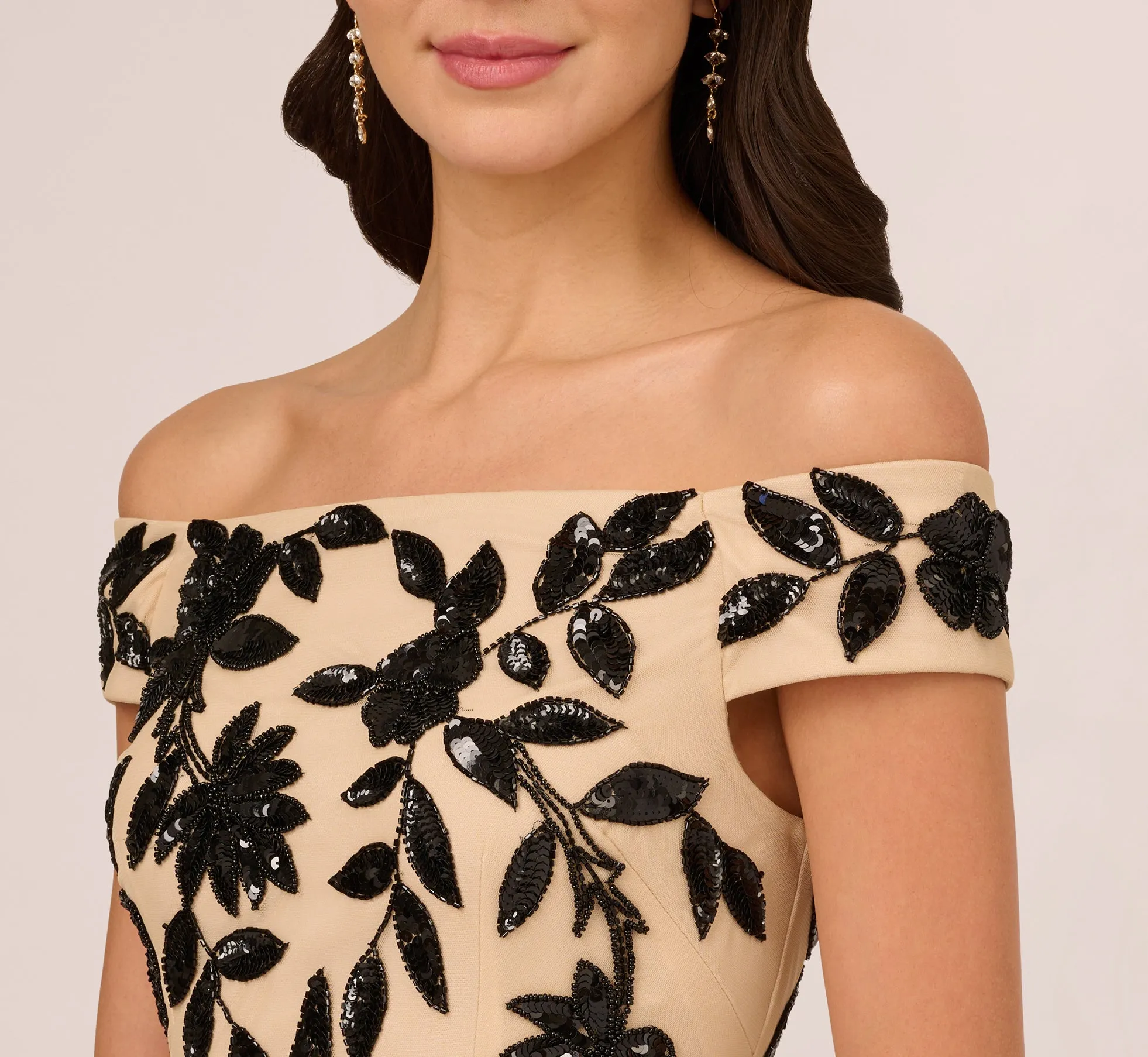 Off The Shoulder Column Gown With Leaf Beading In Black Nude sold by Adrianna Papell product image thumbnail 3