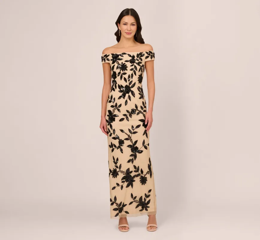 Off The Shoulder Column Gown With Leaf Beading In Black Nude sold by Adrianna Papell