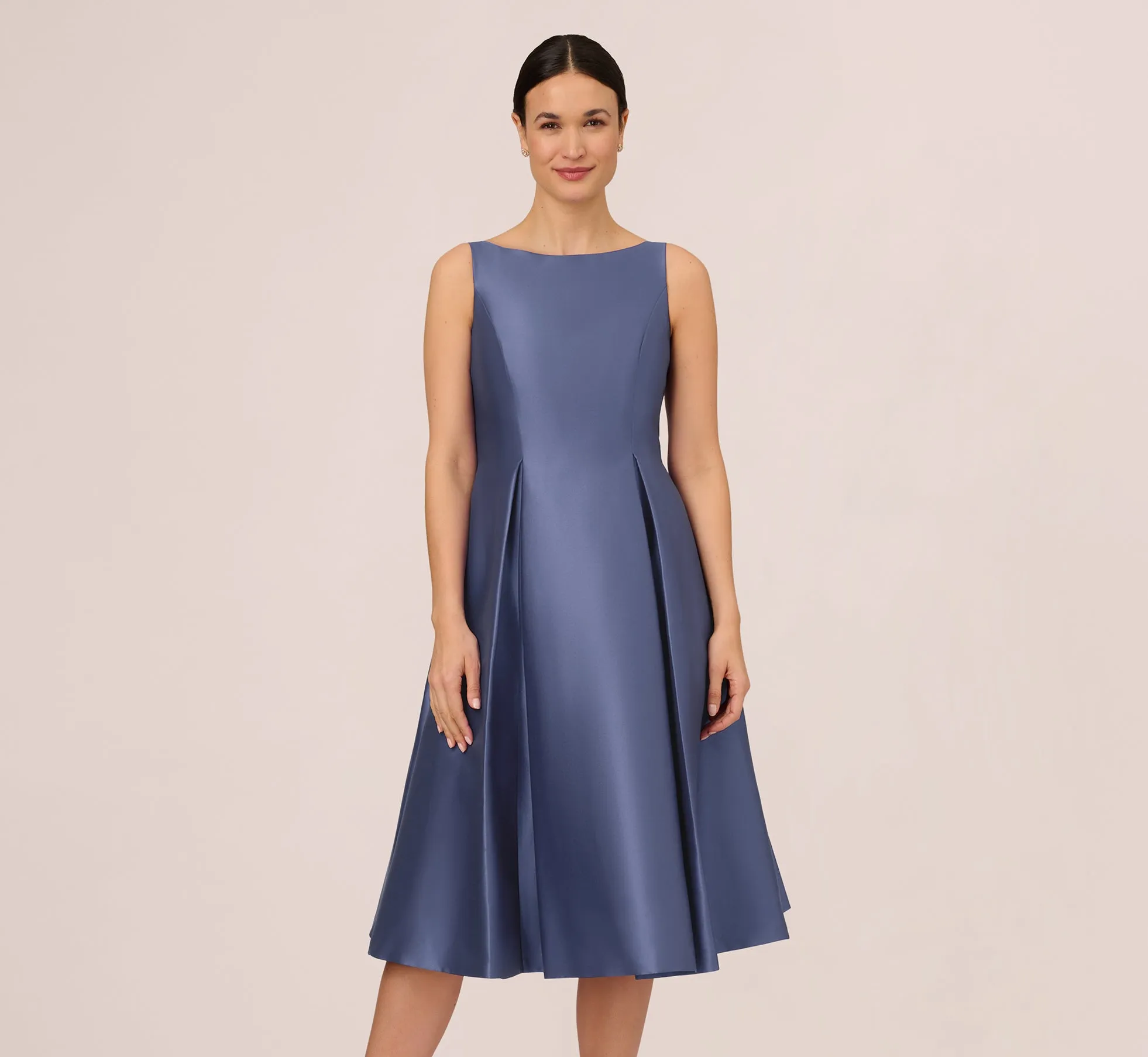 Sleeveless Mikado Fit And Flare Midi Dress With V-Back In Blue Frost |  Parallel