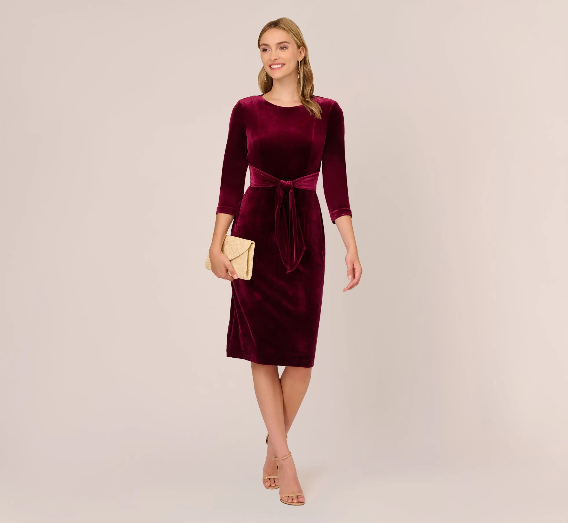 Velvet Tie Front Midi Dress With Three Quarter Sleeves In Burgundy sold by Adrianna Papell product image thumbnail 2