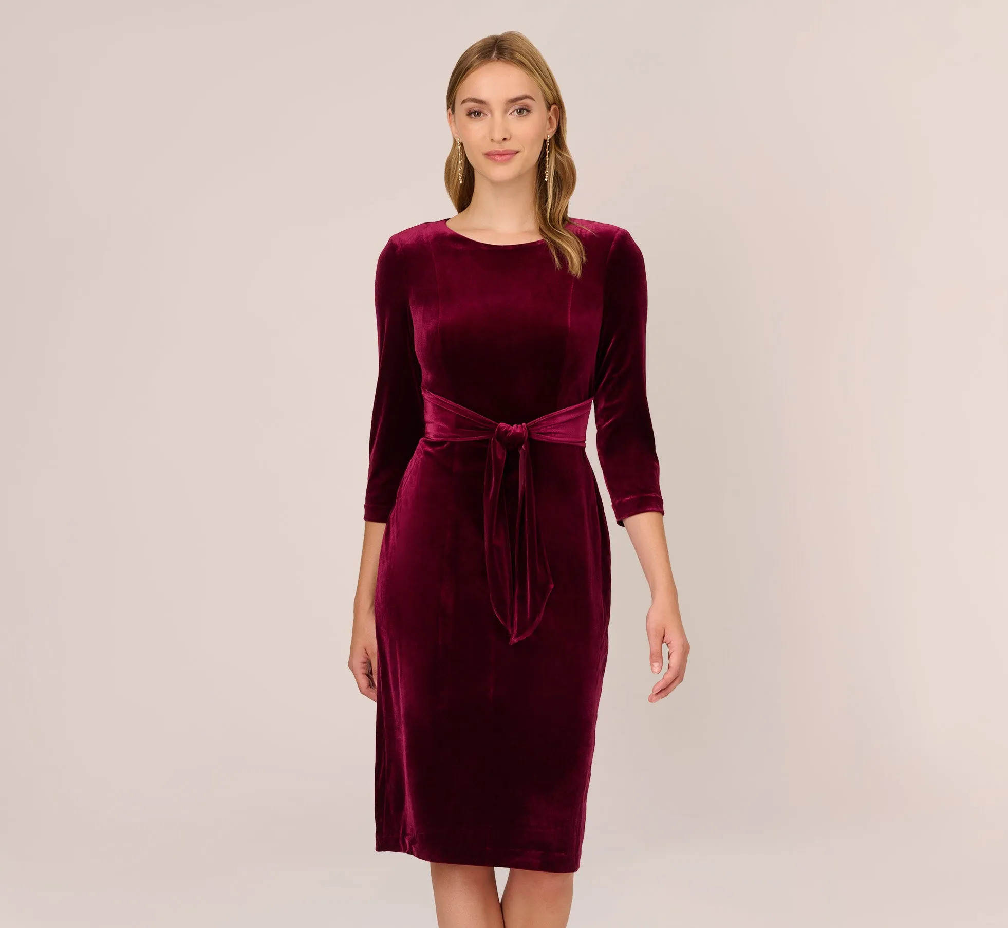 Velvet Tie Front Midi Dress With Three Quarter Sleeves In Burgundy sold by Adrianna Papell