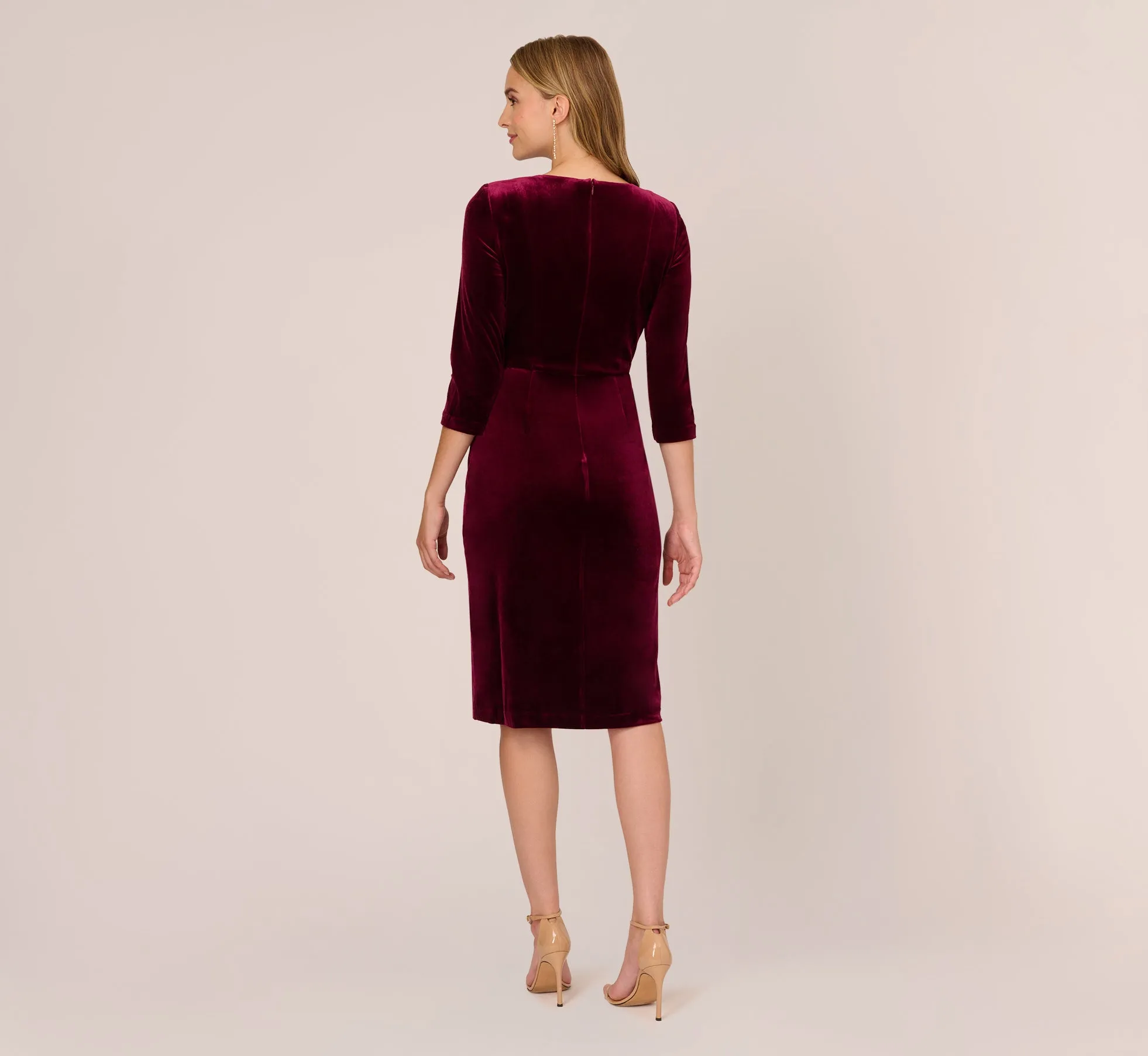 Velvet Tie Front Midi Dress With Three Quarter Sleeves In Burgundy sold by Adrianna Papell product image thumbnail 4