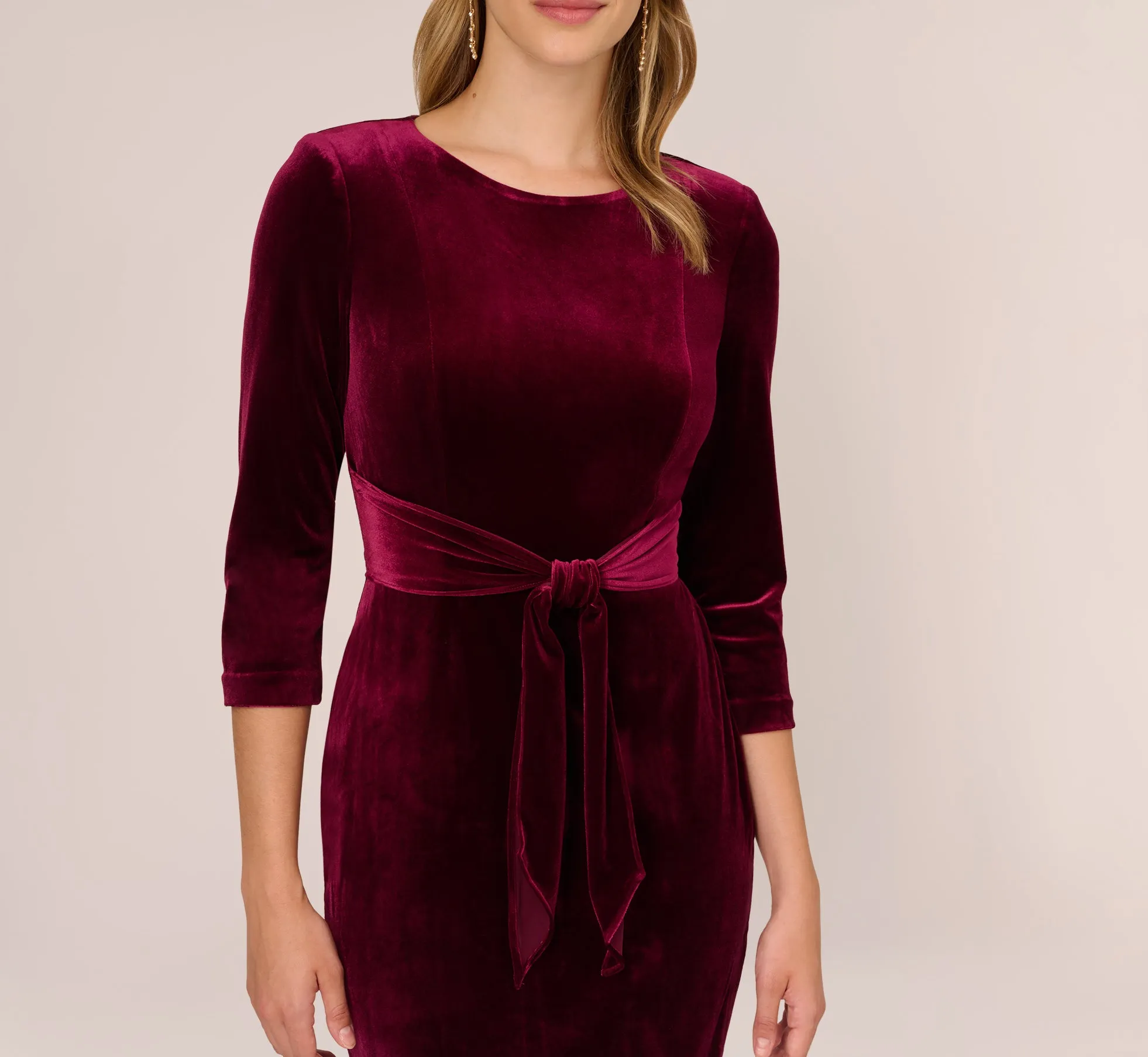 Velvet Tie Front Midi Dress With Three Quarter Sleeves In Burgundy sold by Adrianna Papell product image thumbnail 3