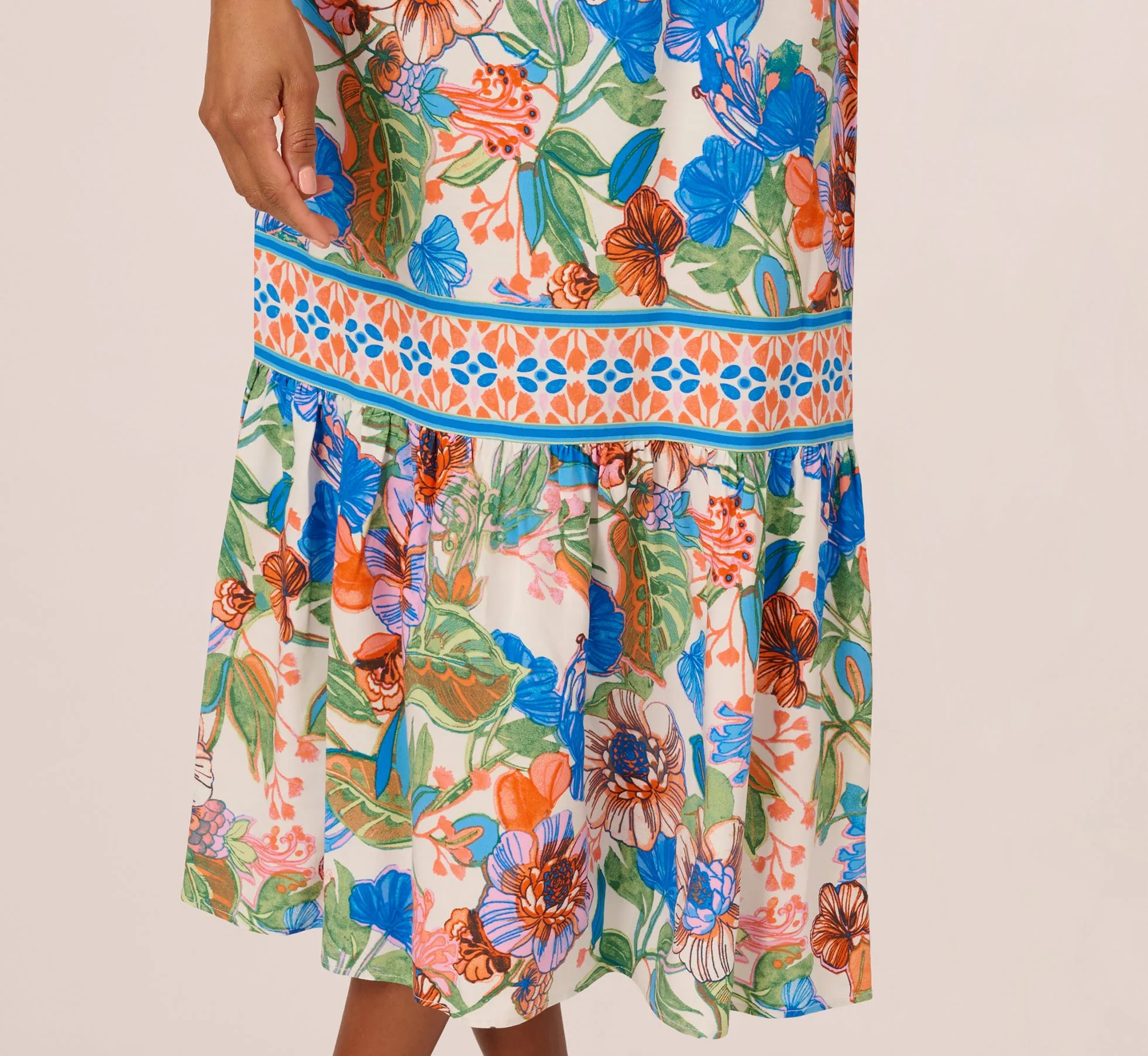 Bright Floral Print Midi Dress With Flutter Sleeves In Blue-Green Multi sold by Adrianna Papell product image thumbnail 5