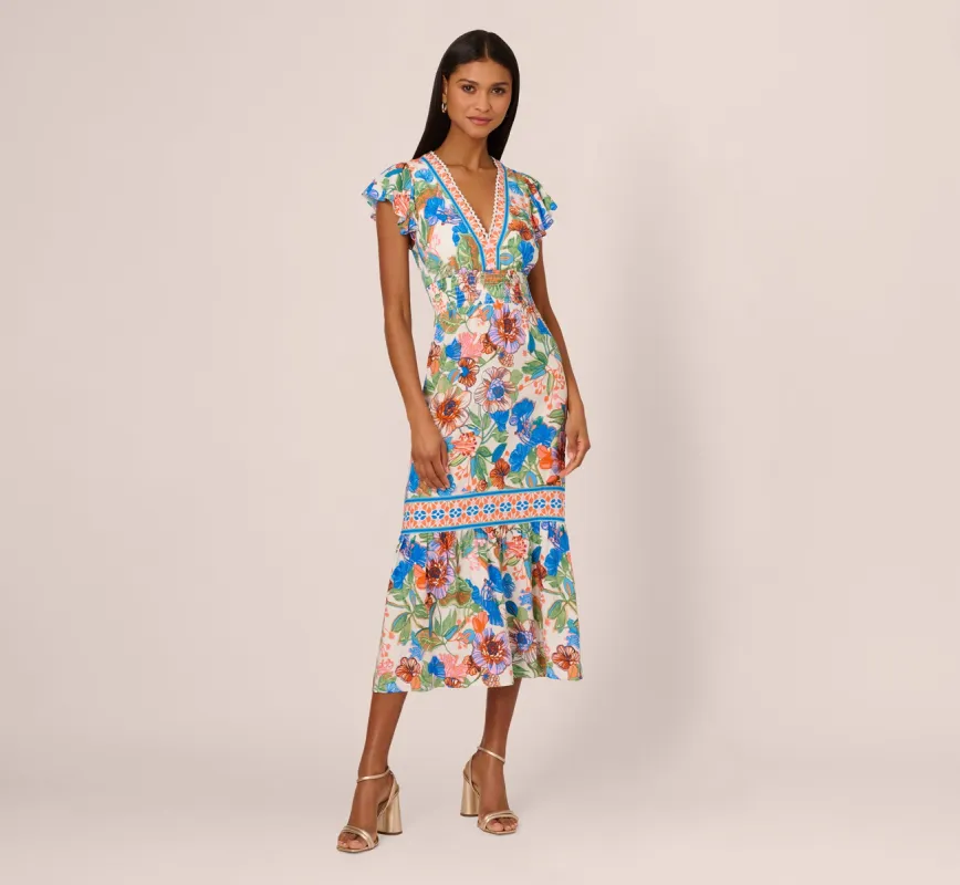 Bright Floral Print Midi Dress With Flutter Sleeves In Blue-Green Multi made by Adrianna Papell