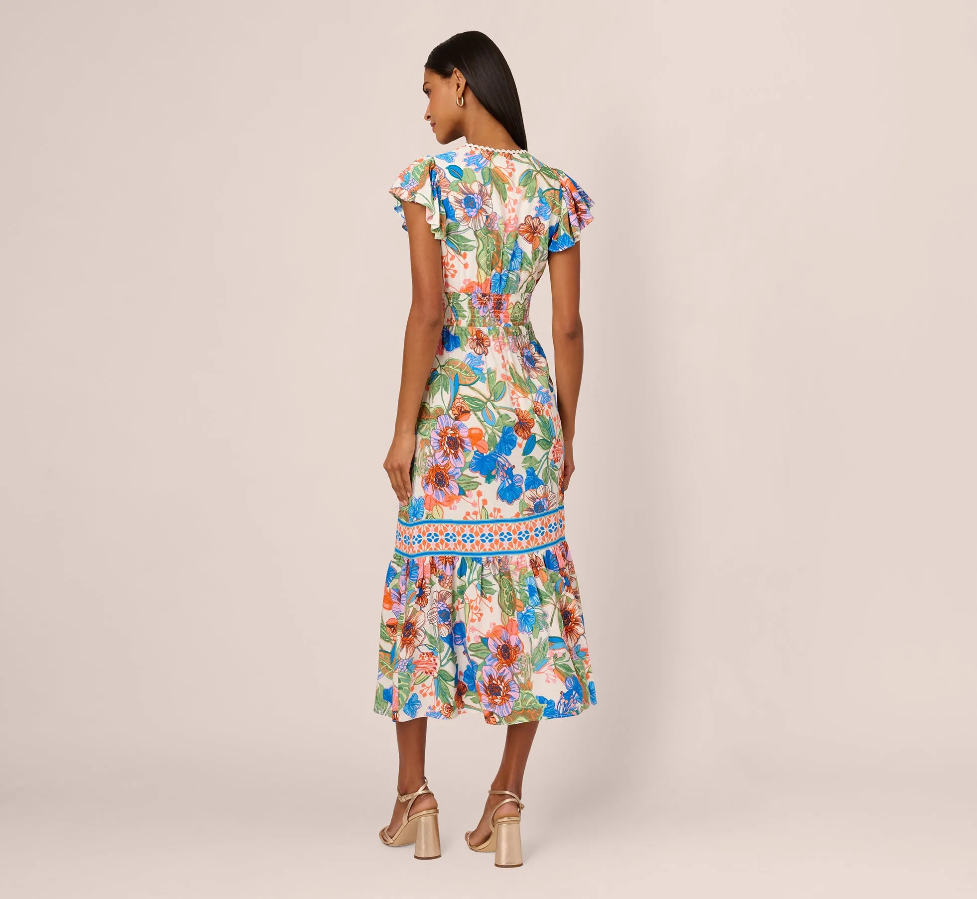 Bright Floral Print Midi Dress With Flutter Sleeves In Blue-Green Multi sold by Adrianna Papell product image thumbnail 4