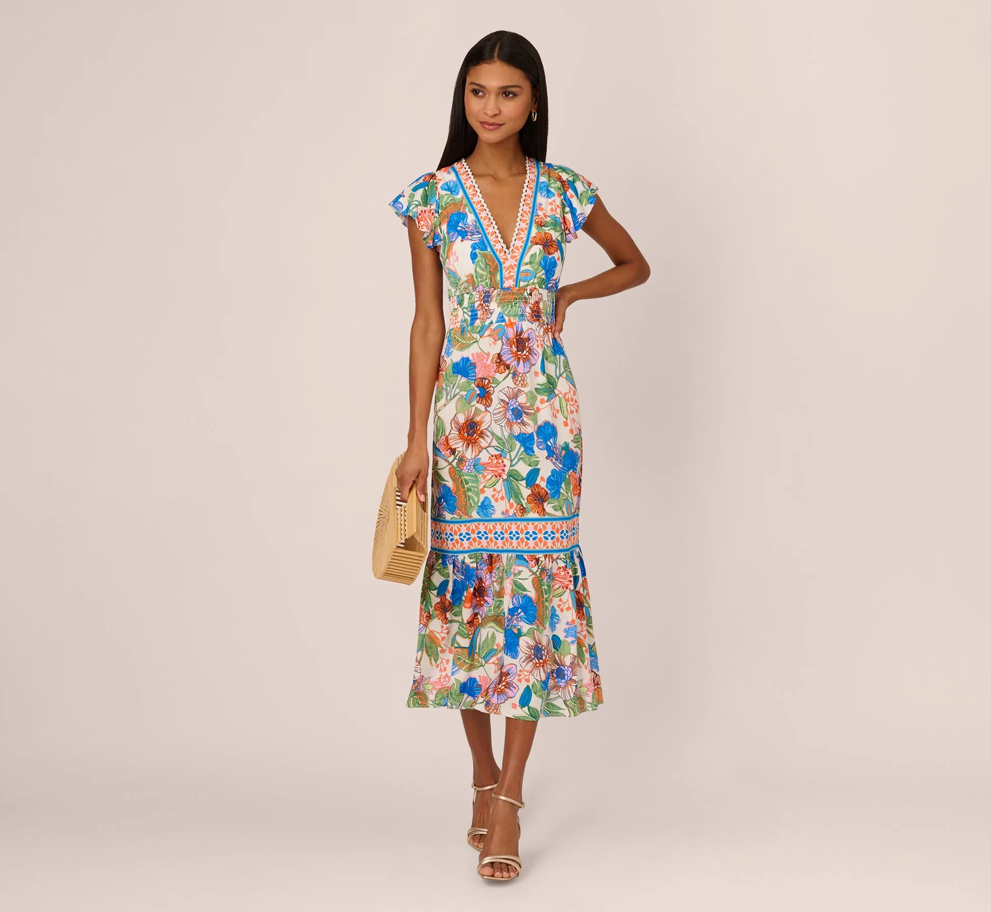 Bright Floral Print Midi Dress With Flutter Sleeves In Blue-Green Multi sold by Adrianna Papell product image thumbnail 2