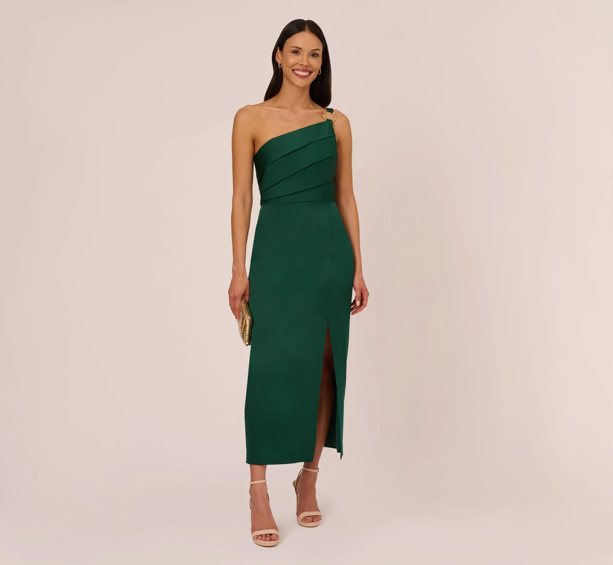 Satin Crepe One Shoulder Gown With Metal Ring Accent In Deep Forest sold by Adrianna Papell product image thumbnail 2