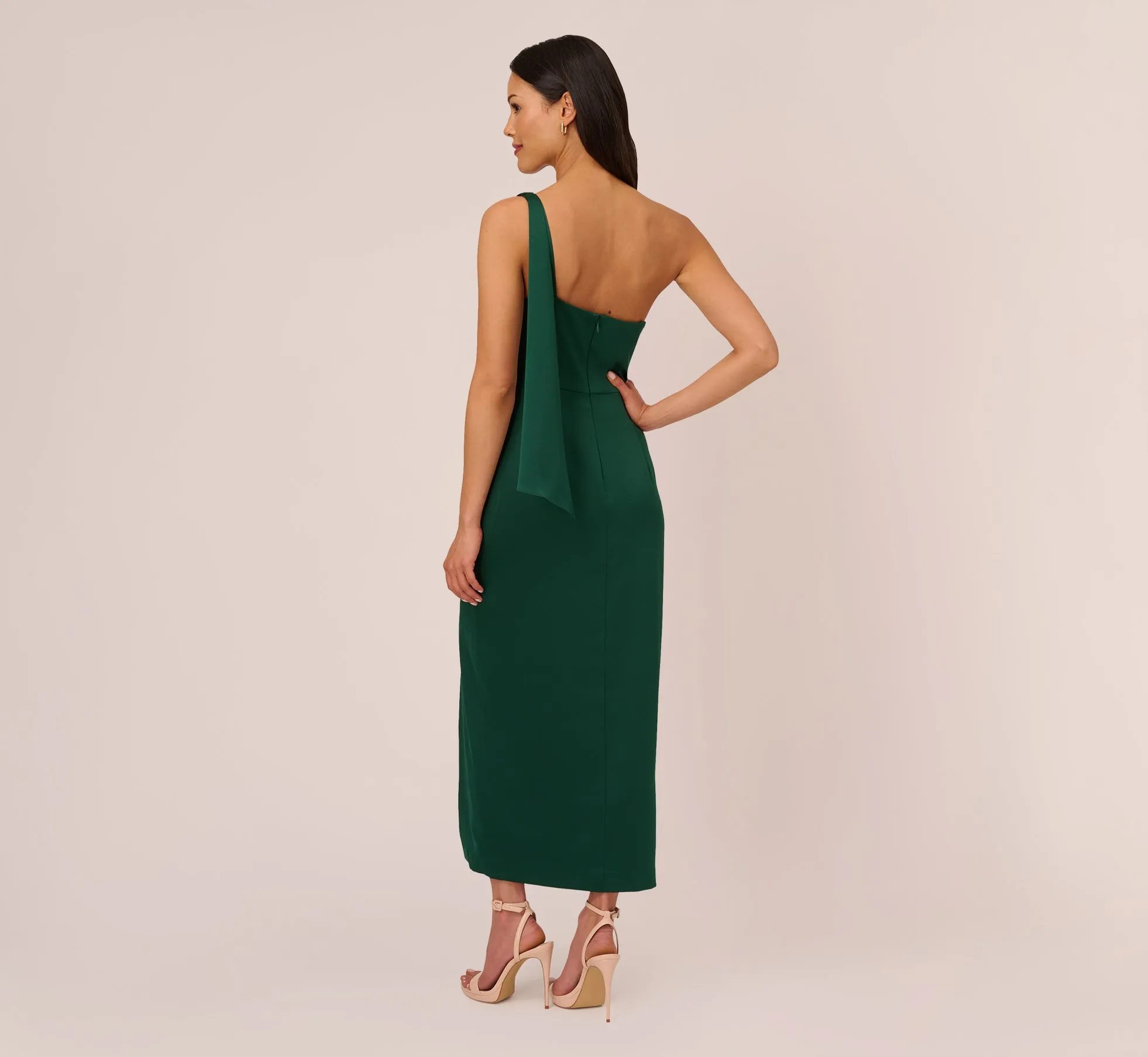 Satin Crepe One Shoulder Gown With Metal Ring Accent In Deep Forest sold by Adrianna Papell product image thumbnail 4