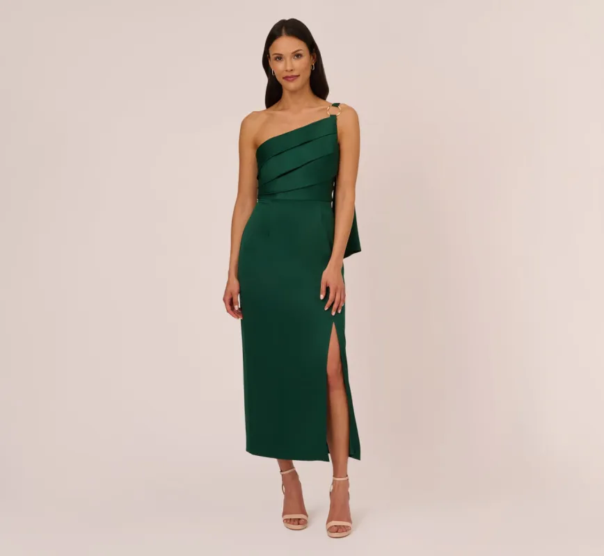 Satin Crepe One Shoulder Gown With Metal Ring Accent In Deep Forest sold by Adrianna Papell