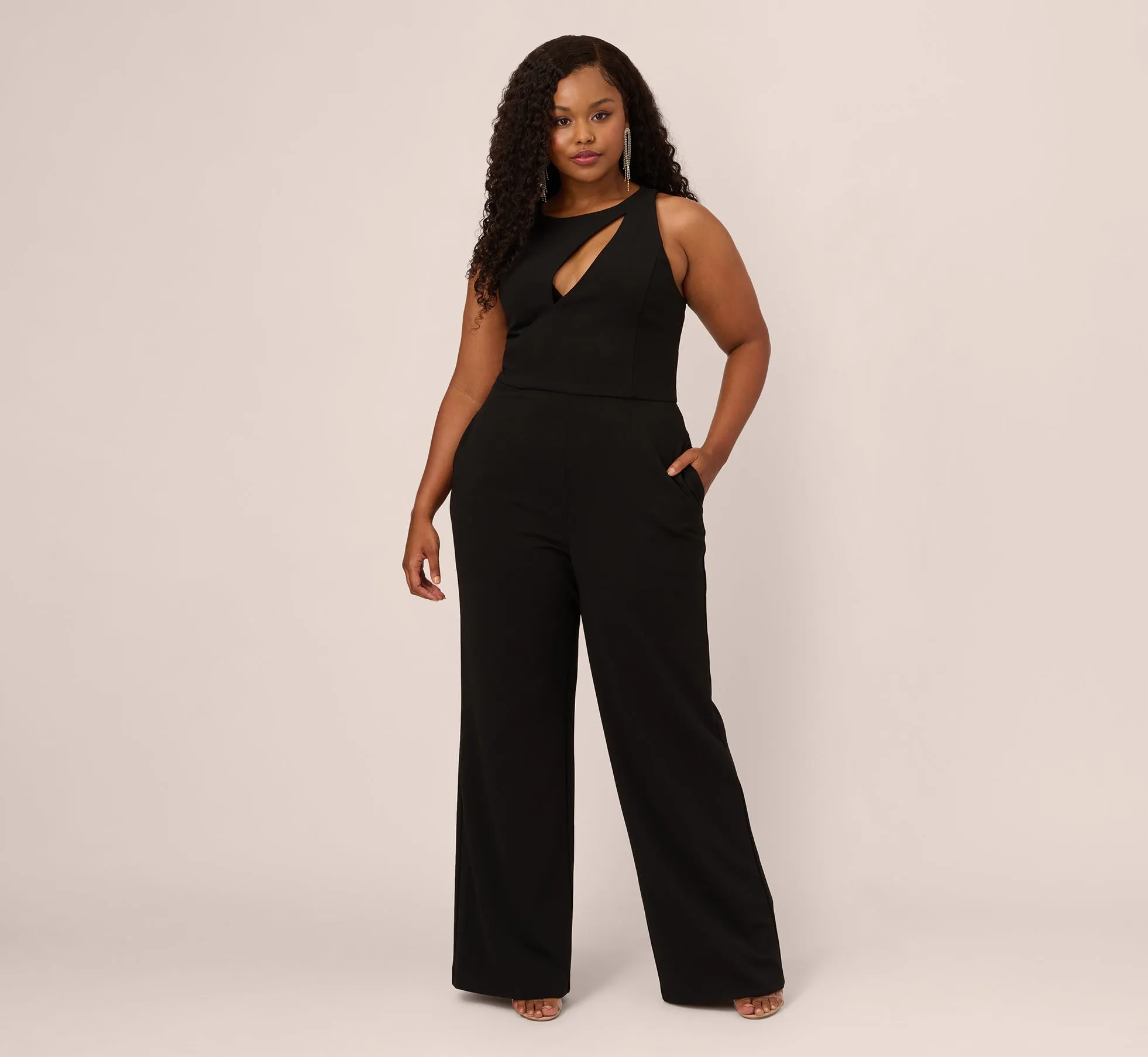 Plus Size Knit Crepe Wide Leg Jumpsuit With Cutout Accent In Black sold by Adrianna Papell product image thumbnail 2