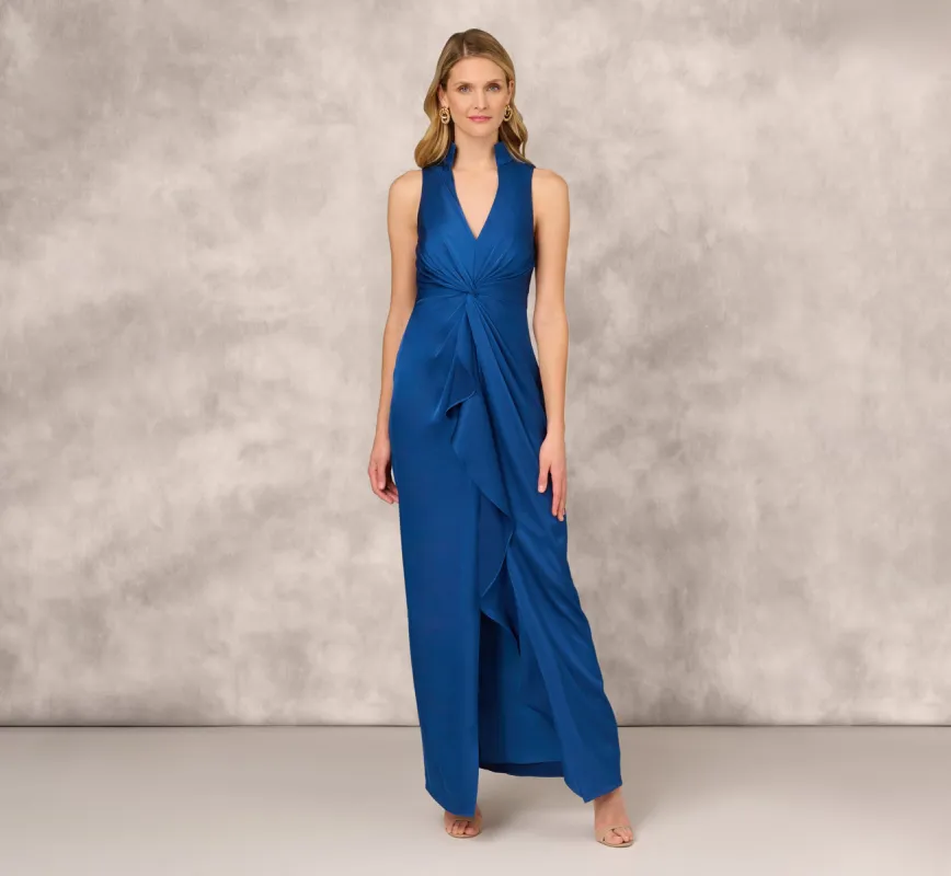 Crepe Back Satin Sleeveless Gown With Ruffle Accent In Deep Ocean sold by Adrianna Papell