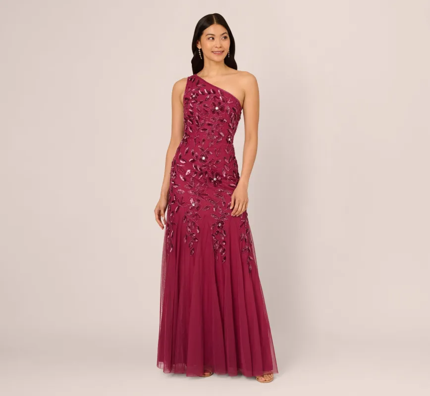 Floral Beaded One Shoulder Mermaid Gown With Godet Skirt In Shiraz sold by Adrianna Papell