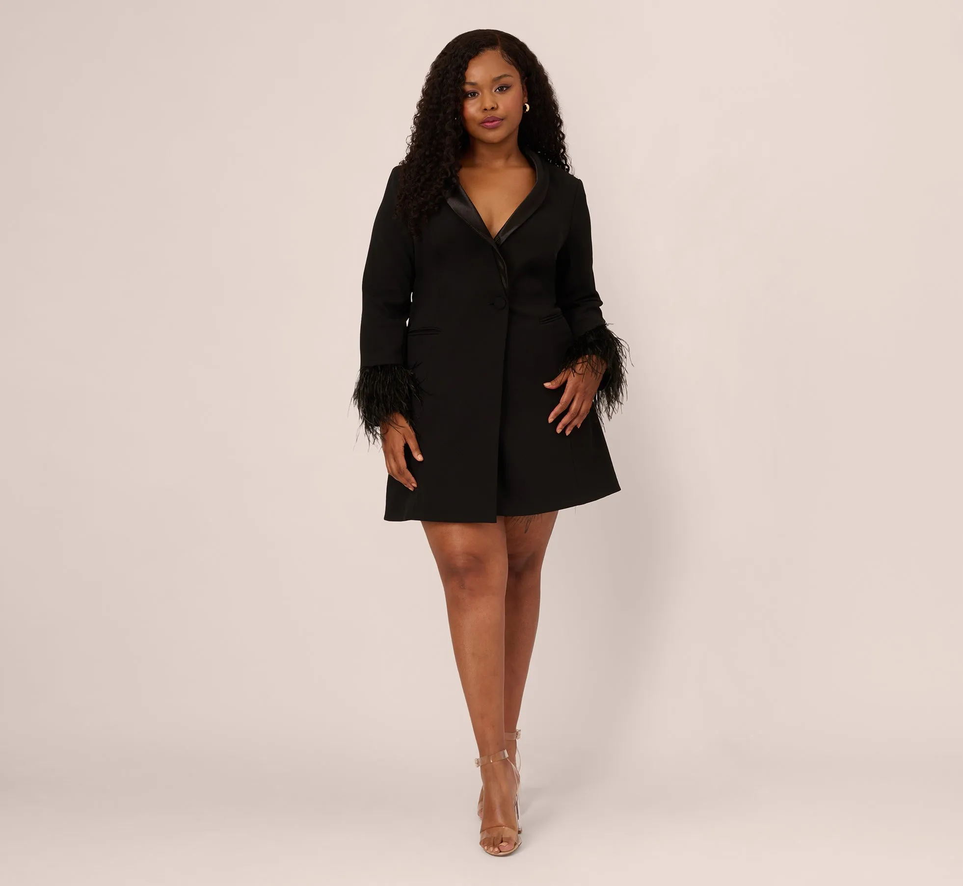 Plus Size Knit Crepe Long Sleeve Blazer Dress With Feather Trim In Black sold by Adrianna Papell product image thumbnail 5