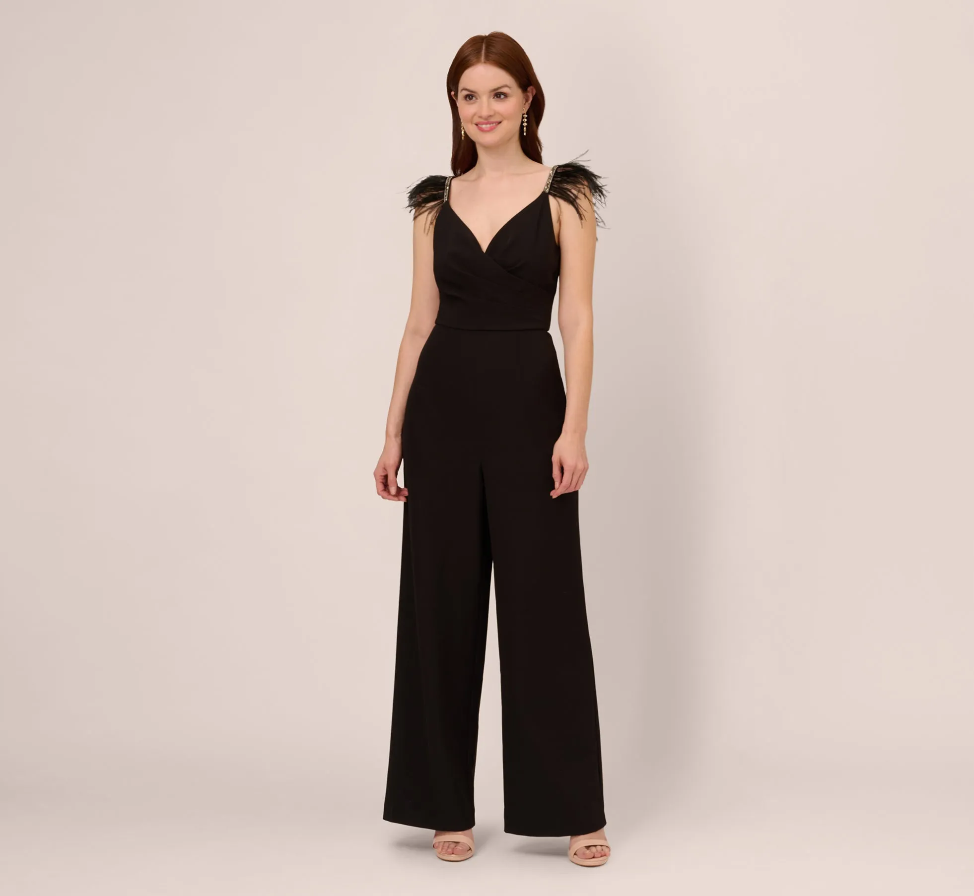 Crepe Wide Leg Jumpsuit With Bead And Feather Accents In Black sold by Adrianna Papell
