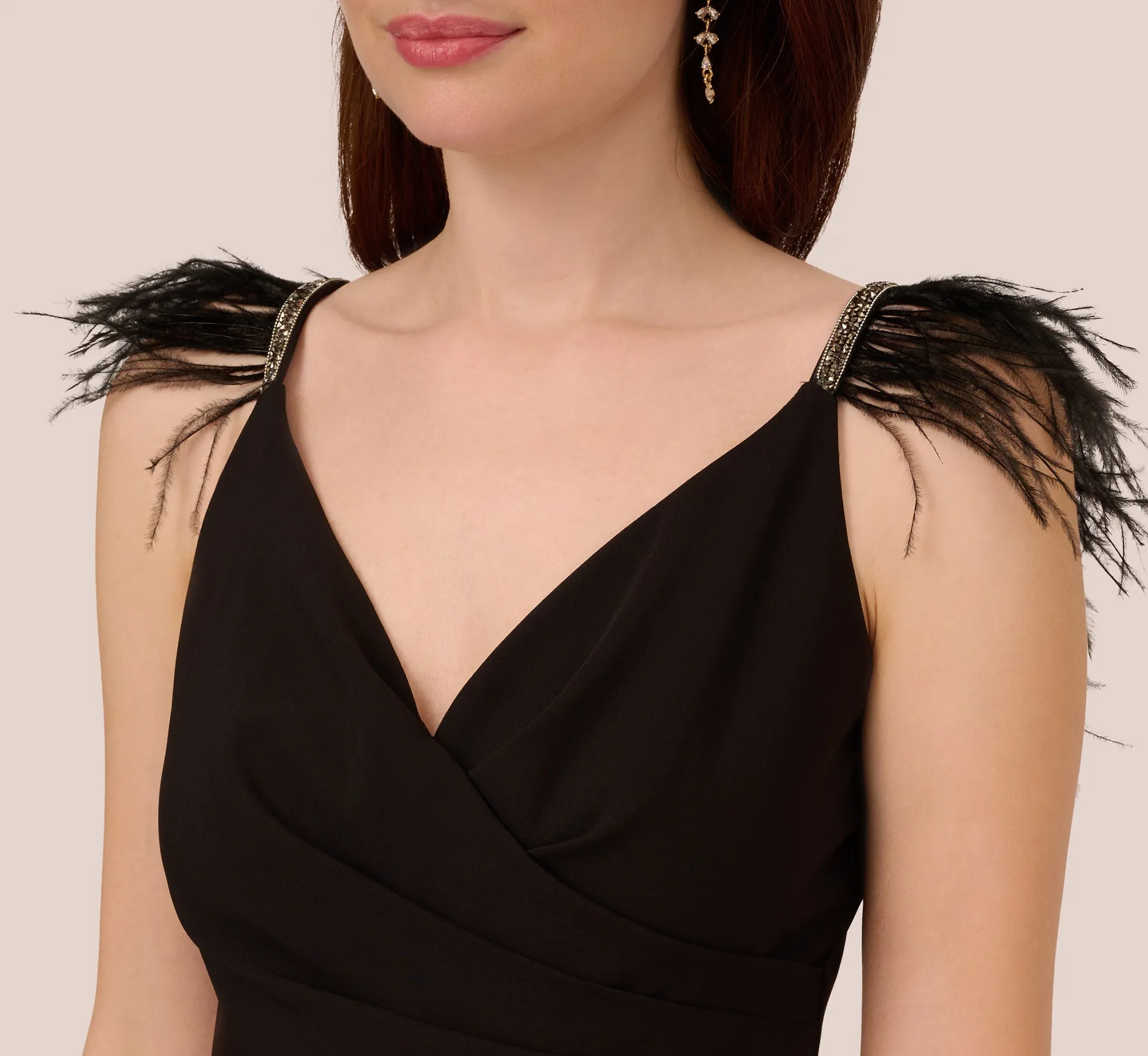 Crepe Wide Leg Jumpsuit With Bead And Feather Accents In Black sold by Adrianna Papell product image thumbnail 5