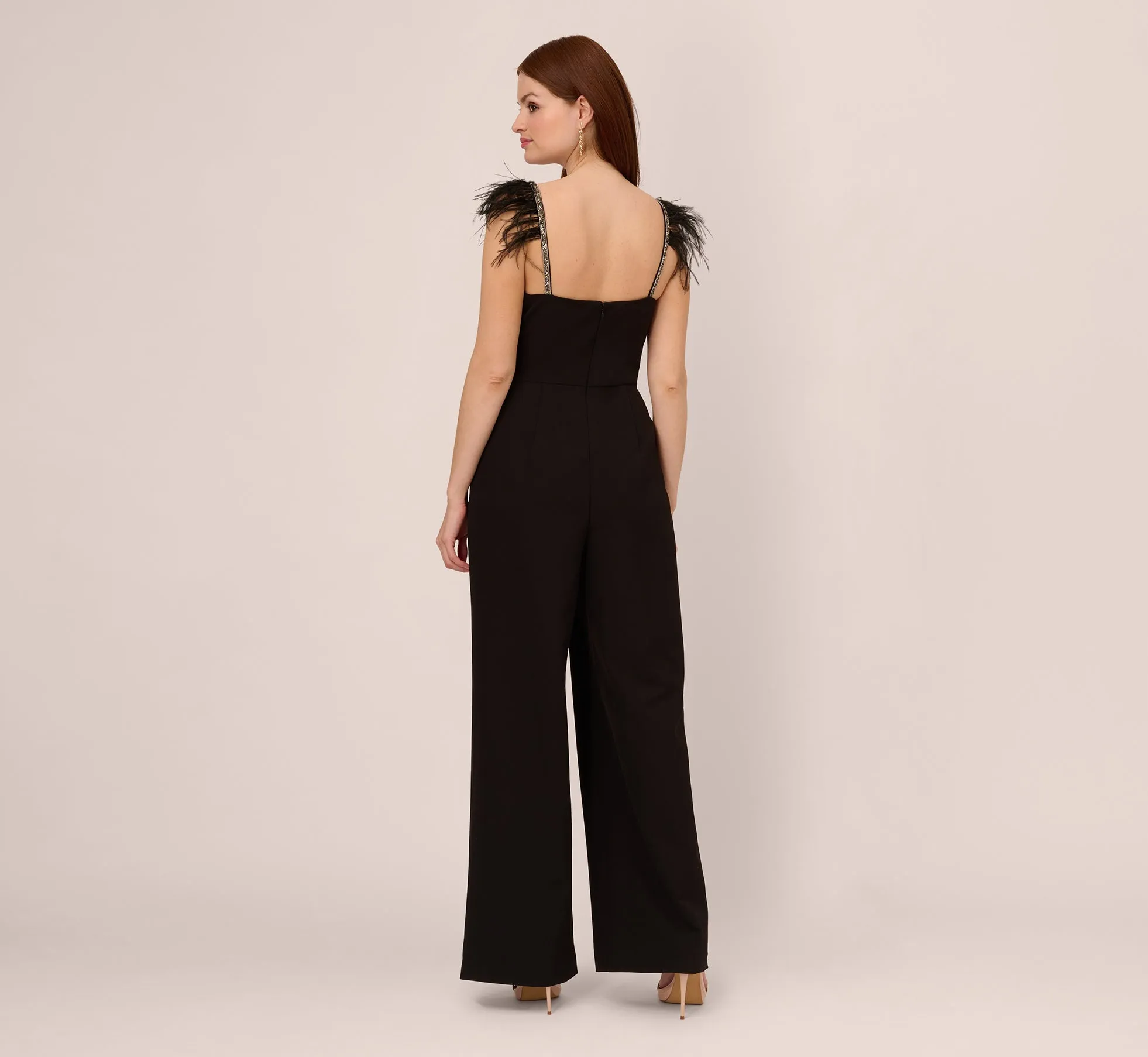 Crepe Wide Leg Jumpsuit With Bead And Feather Accents In Black sold by Adrianna Papell product image thumbnail 4