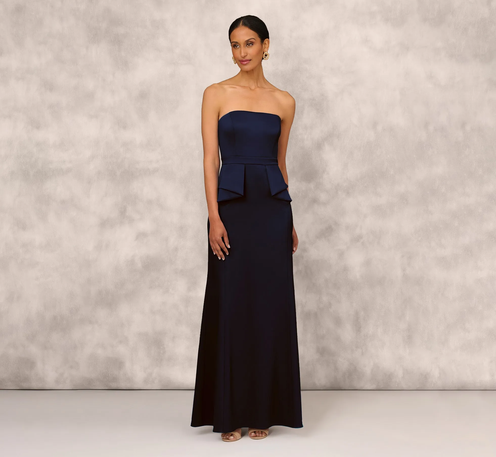 Mikado Strapless Gown With Peplum Sides In Navy sold by Adrianna Papell