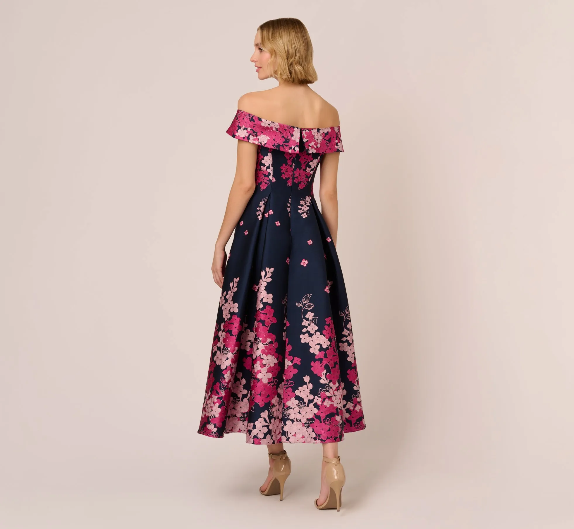 Floral Jacquard Ankle Length Dress With Off The Shoulder Neckline In Navy Pink Multi sold by Adrianna Papell product image thumbnail 4