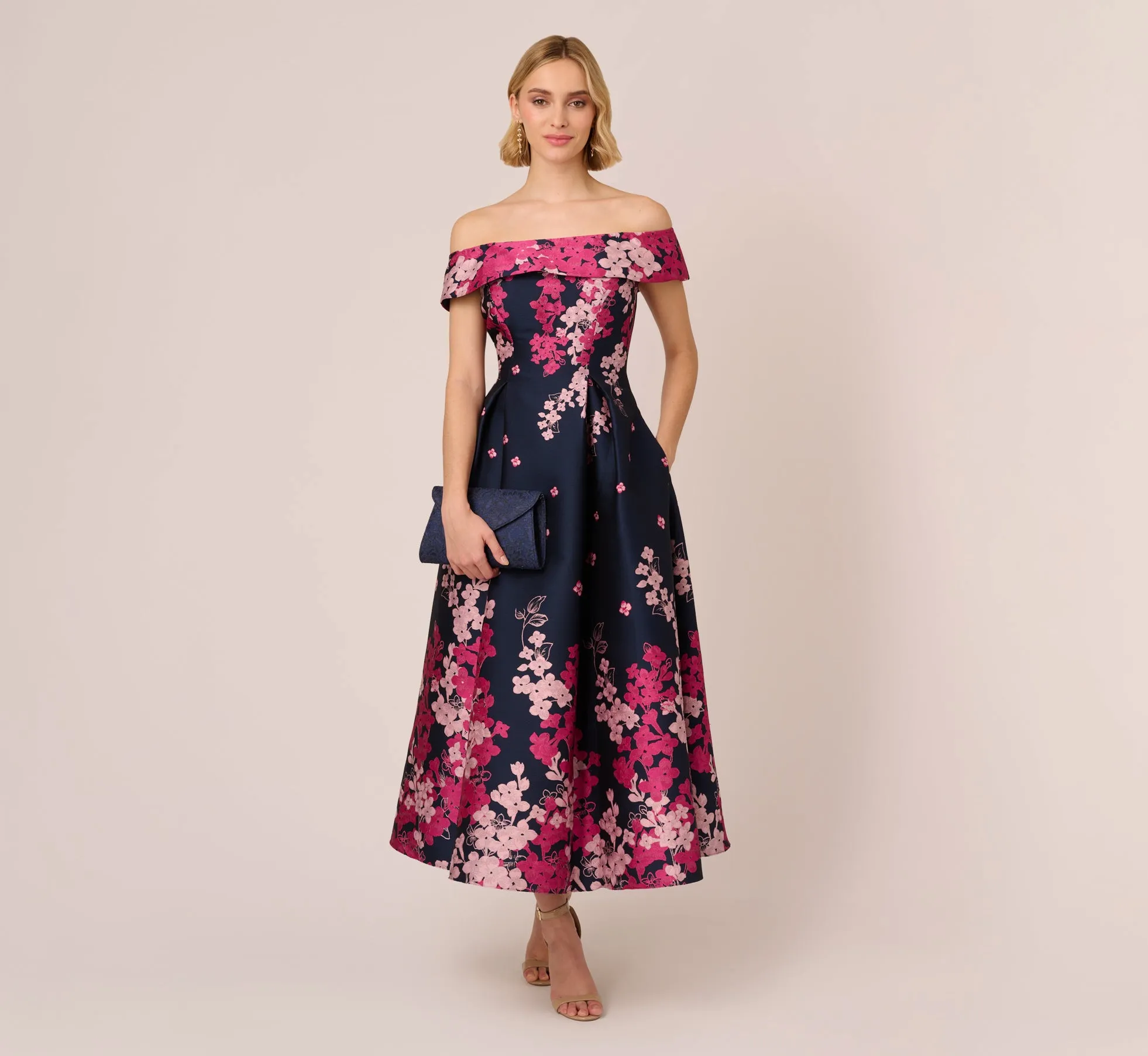 Floral Jacquard Ankle Length Dress With Off The Shoulder Neckline In Navy Pink Multi sold by Adrianna Papell product image thumbnail 2