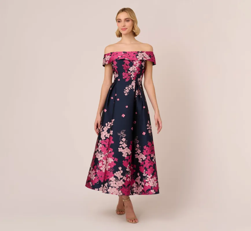 Floral Jacquard Ankle Length Dress With Off The Shoulder Neckline In Navy Pink Multi sold by Adrianna Papell